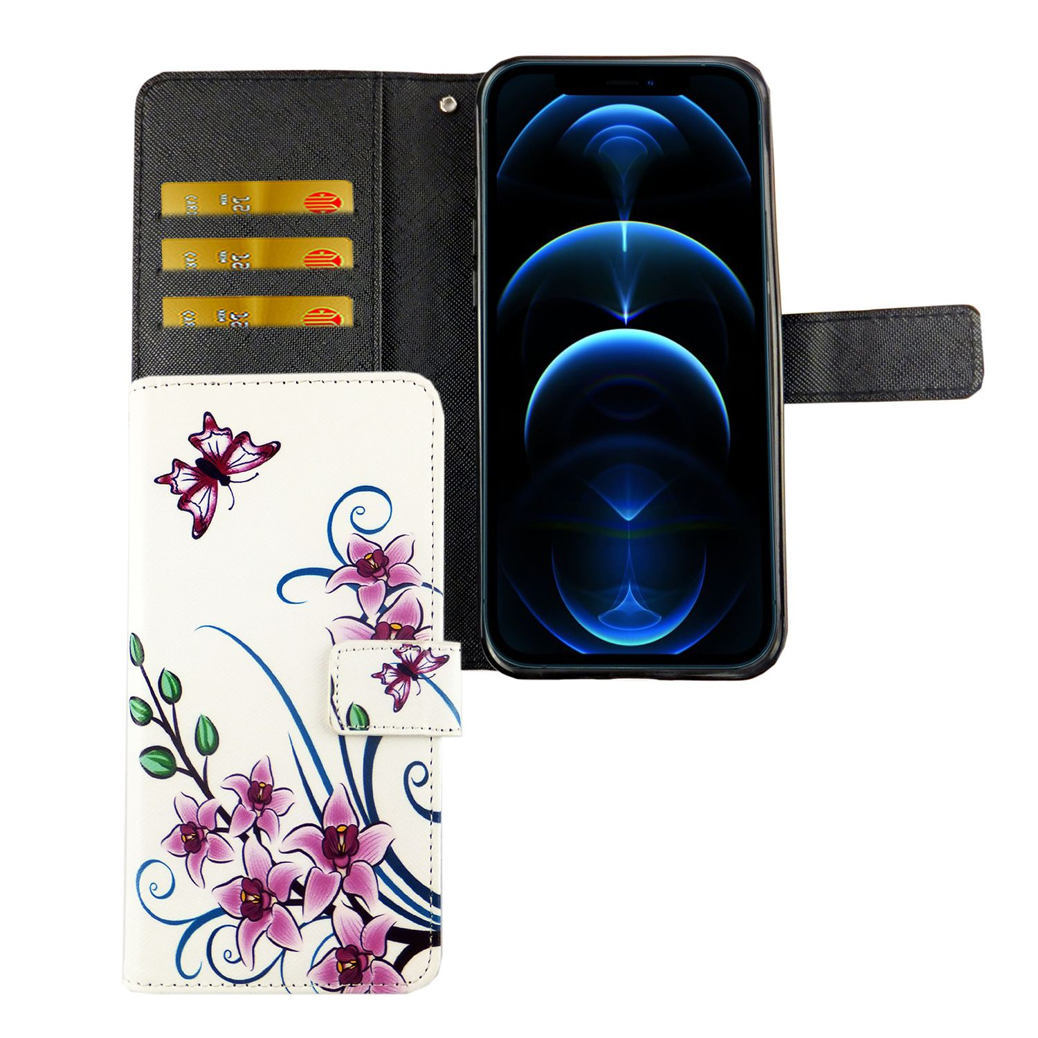 Eine Handyhülle mit floralem Design und ein Telefon darin. Die Hülle hat Kartenfächer.