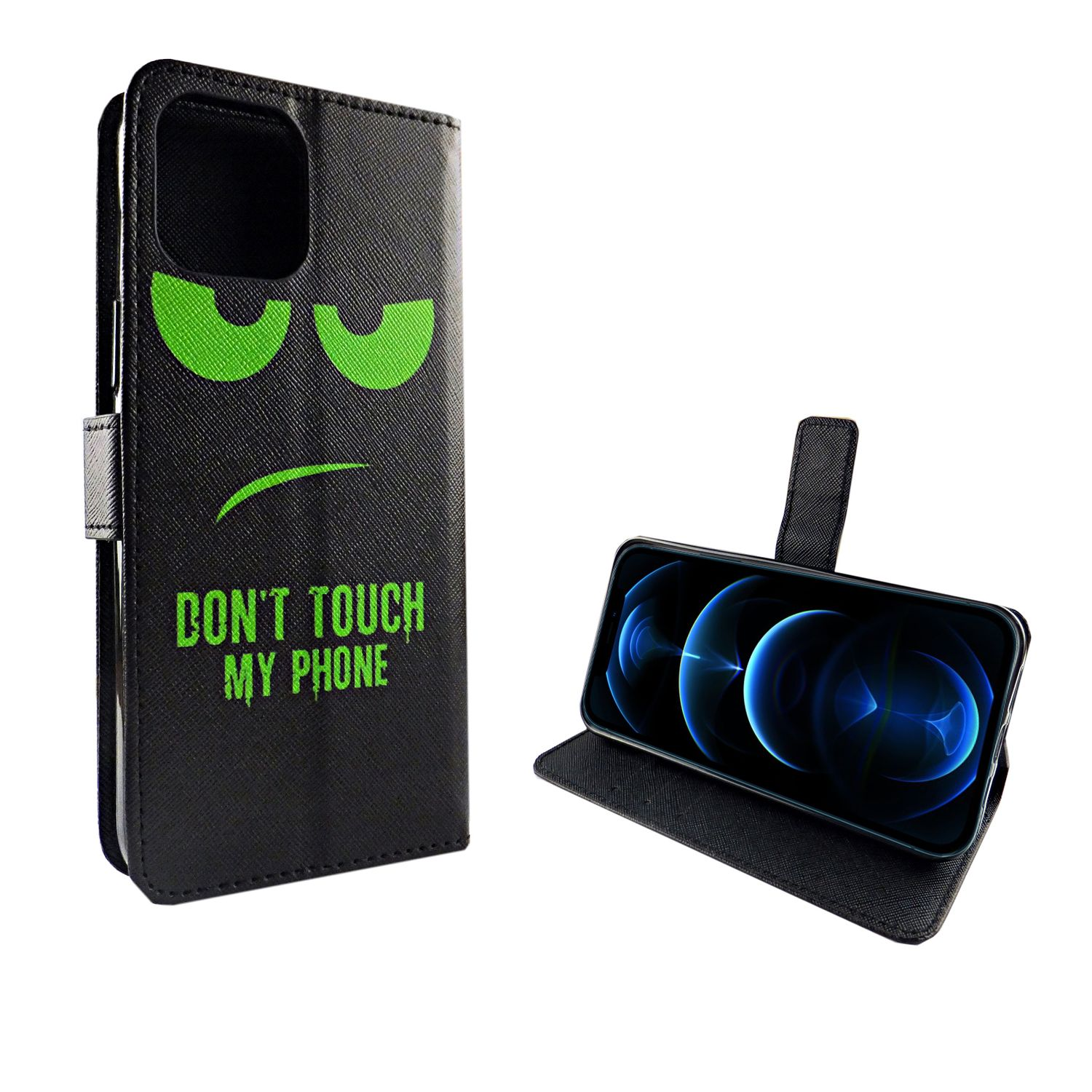 Schwarze Handyhülle mit grünen Augen und Text "DON'T TOUCH MY PHONE", Telefon sichtbar.