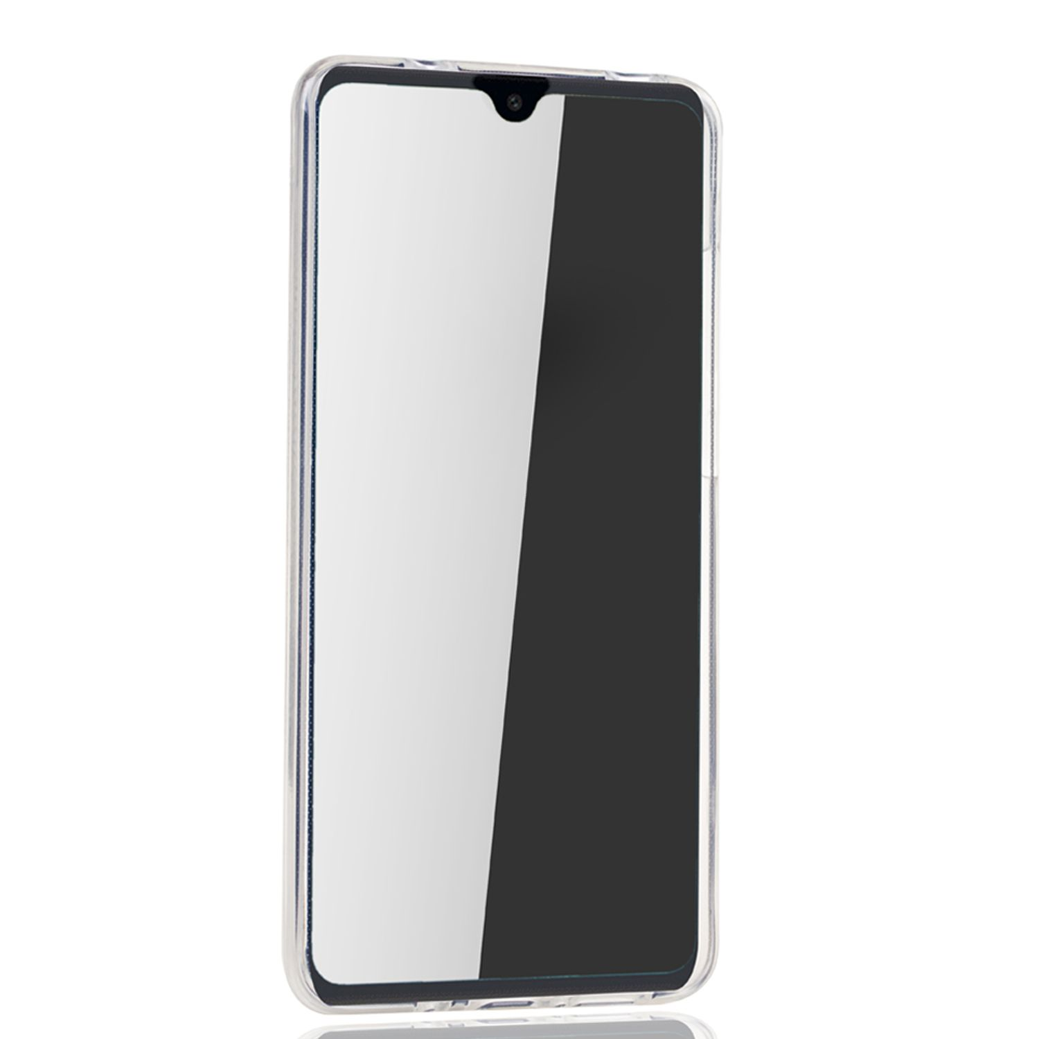 Ein Smartphone in einer transparenten Hülle, mit schwarzem Bildschirm, vor weißem Hintergrund.