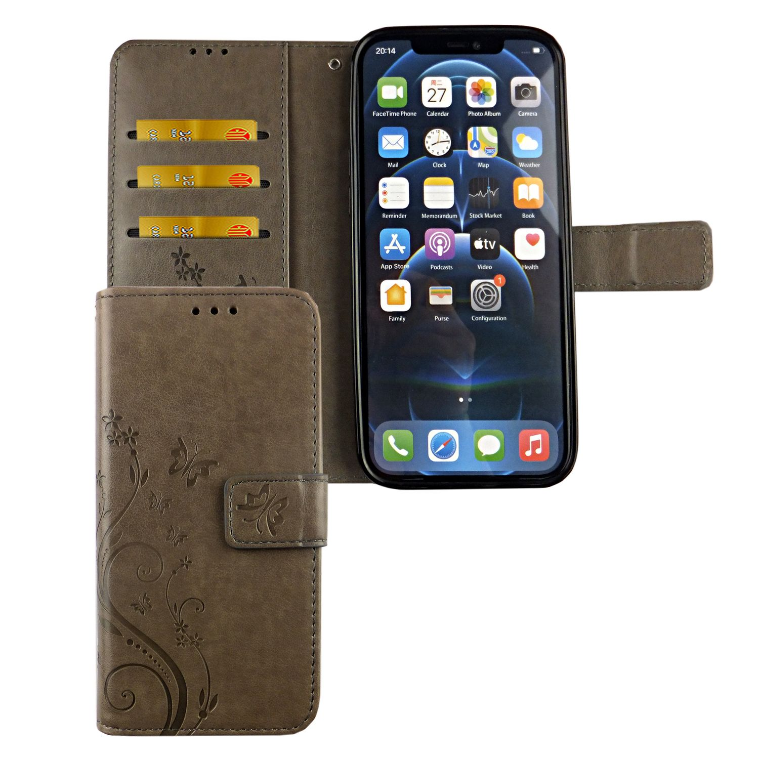 Geöffnete braune Handyhülle mit einem Telefon, das einen App-Bildschirm zeigt.