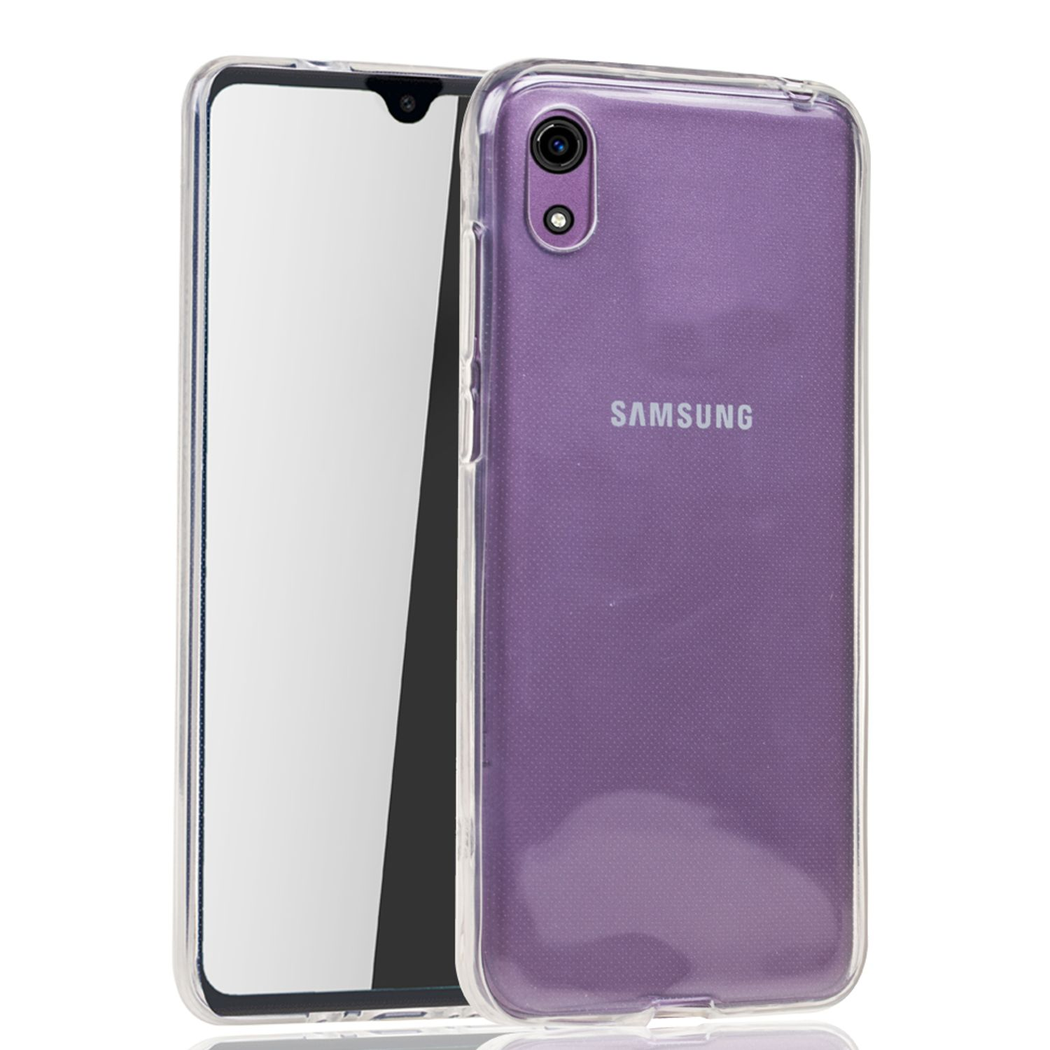 Samsung-Telefon in einer durchsichtigen Hülle. Das Telefon ist lila. Klare Hülle schützt das Telefon.