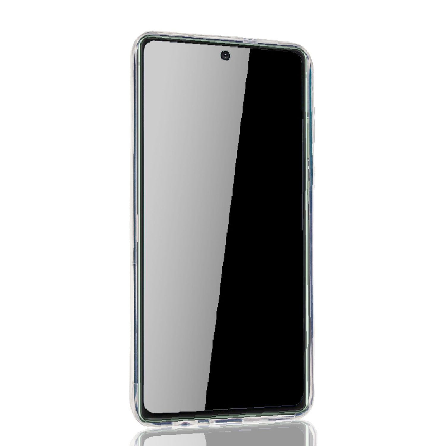 Ein Smartphone in einer durchsichtigen Hülle, das sich auf einer weißen Oberfläche spiegelt.