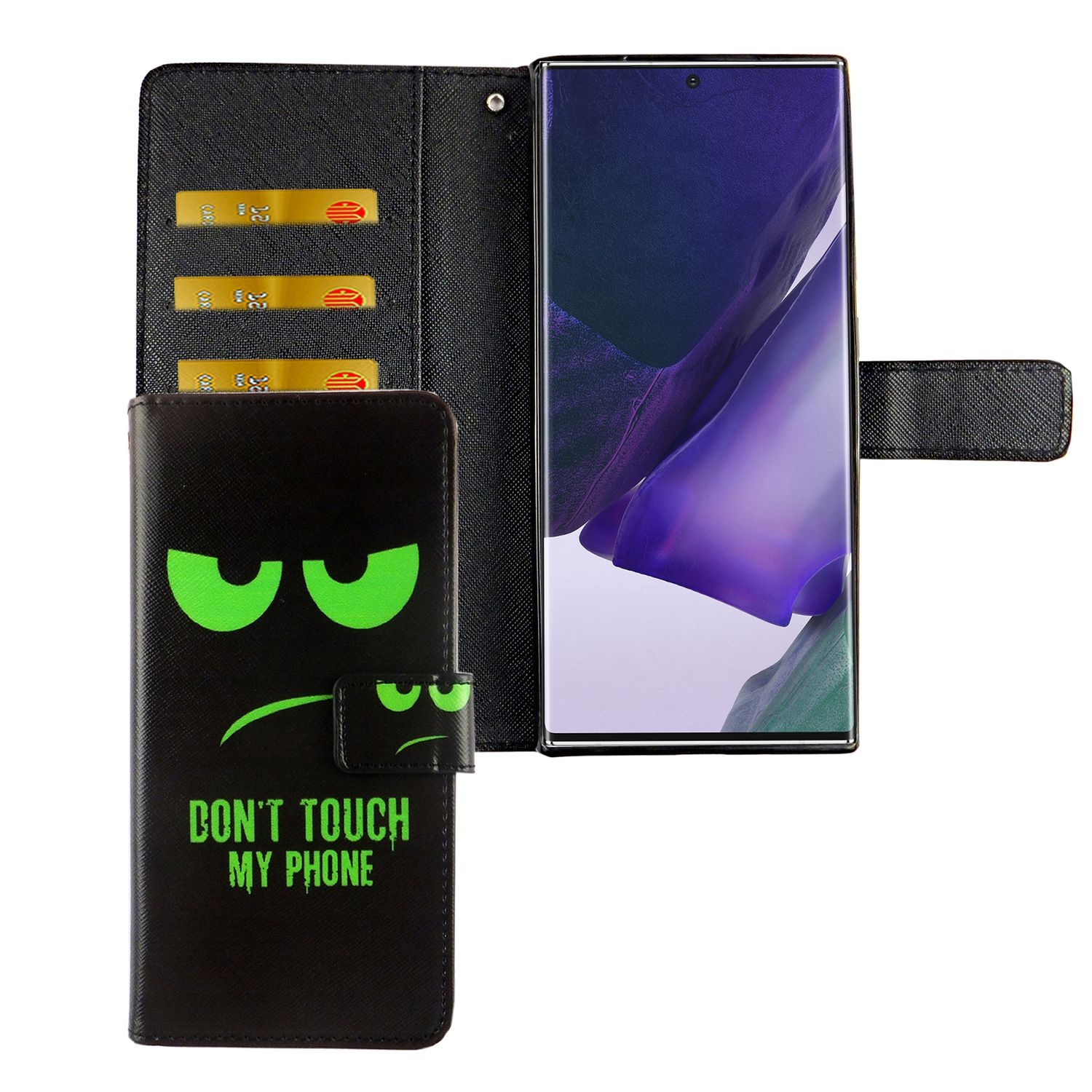 Schwarze Handyhülle mit grünem Gesicht und der Aufschrift "DON'T TOUCH MY PHONE", geöffnet, um ein Telefon zu zeigen.
