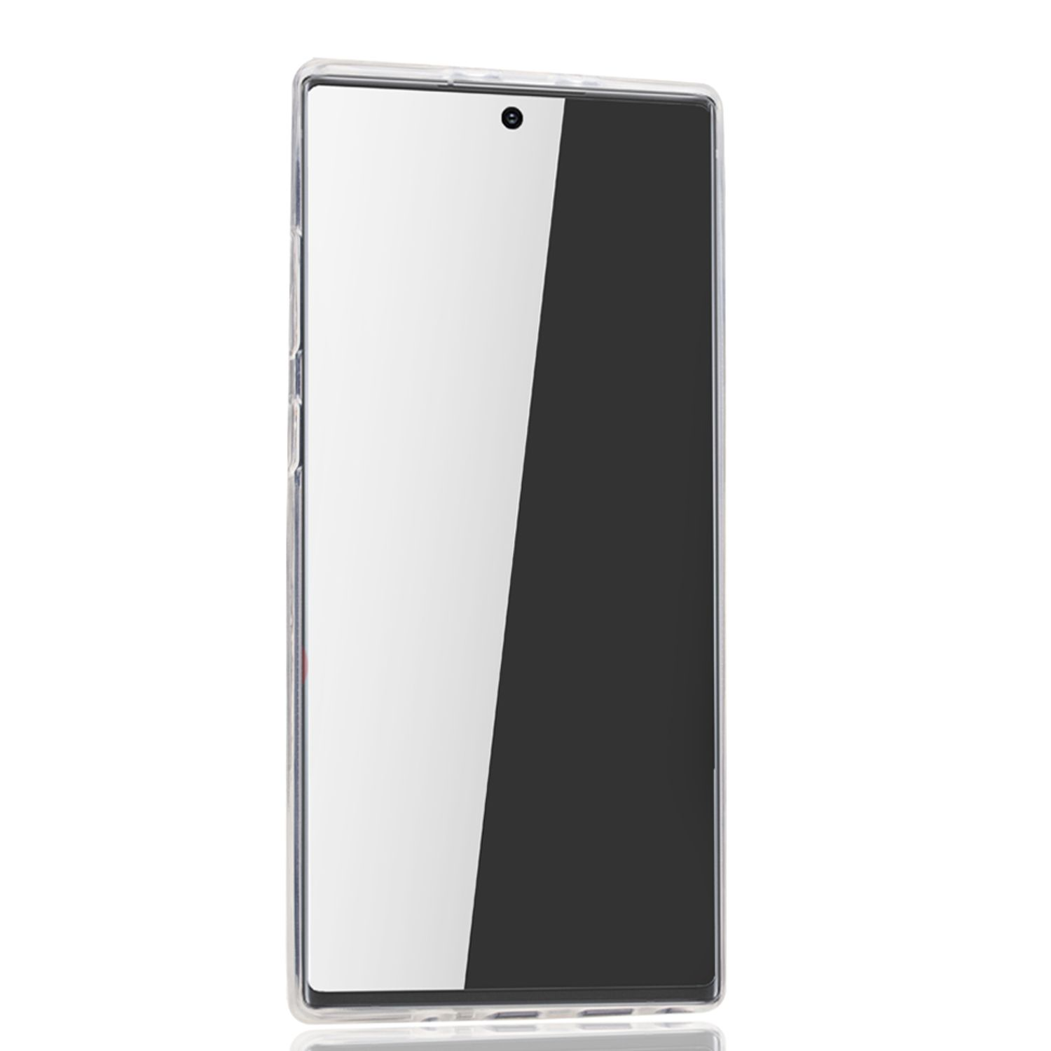 Eine transparente Handyhülle mit einem Telefon darin. Das Telefon hat einen schwarzen Bildschirm.