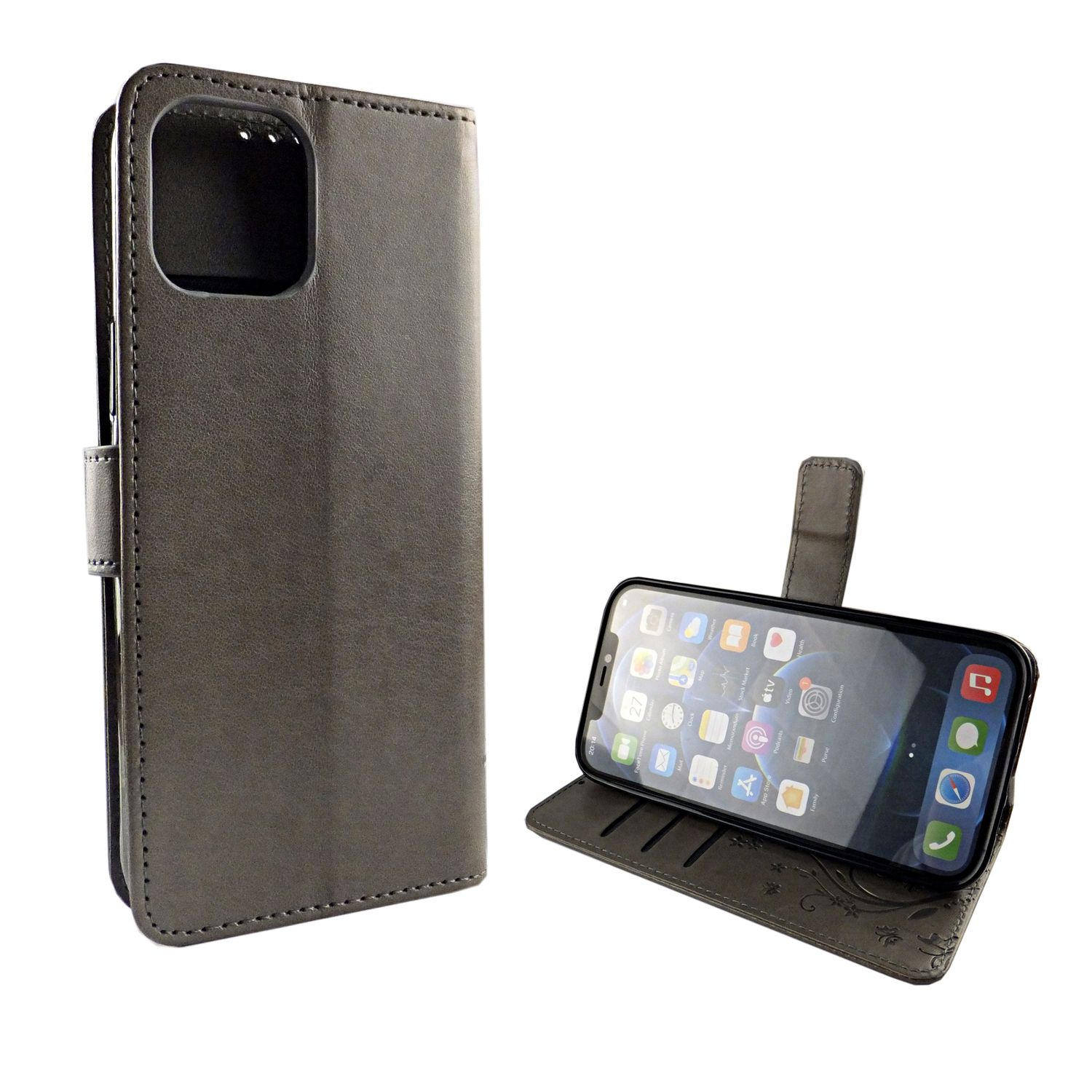 Graue Handyhülle mit geöffnetem Handy. Zeigt Karten in der Handyhülle.