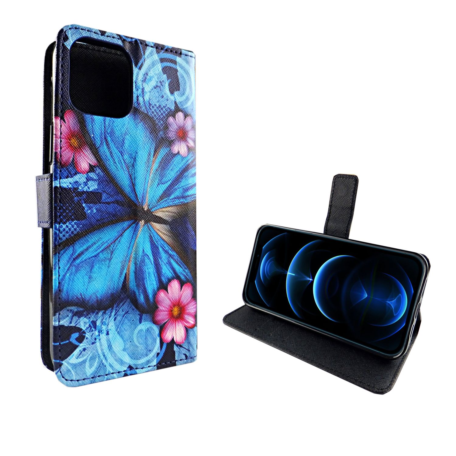 Blaues Handy-Case im Schmetterlingsdesign, geöffnet mit Telefon. Rosa Blumen auf dem Case.