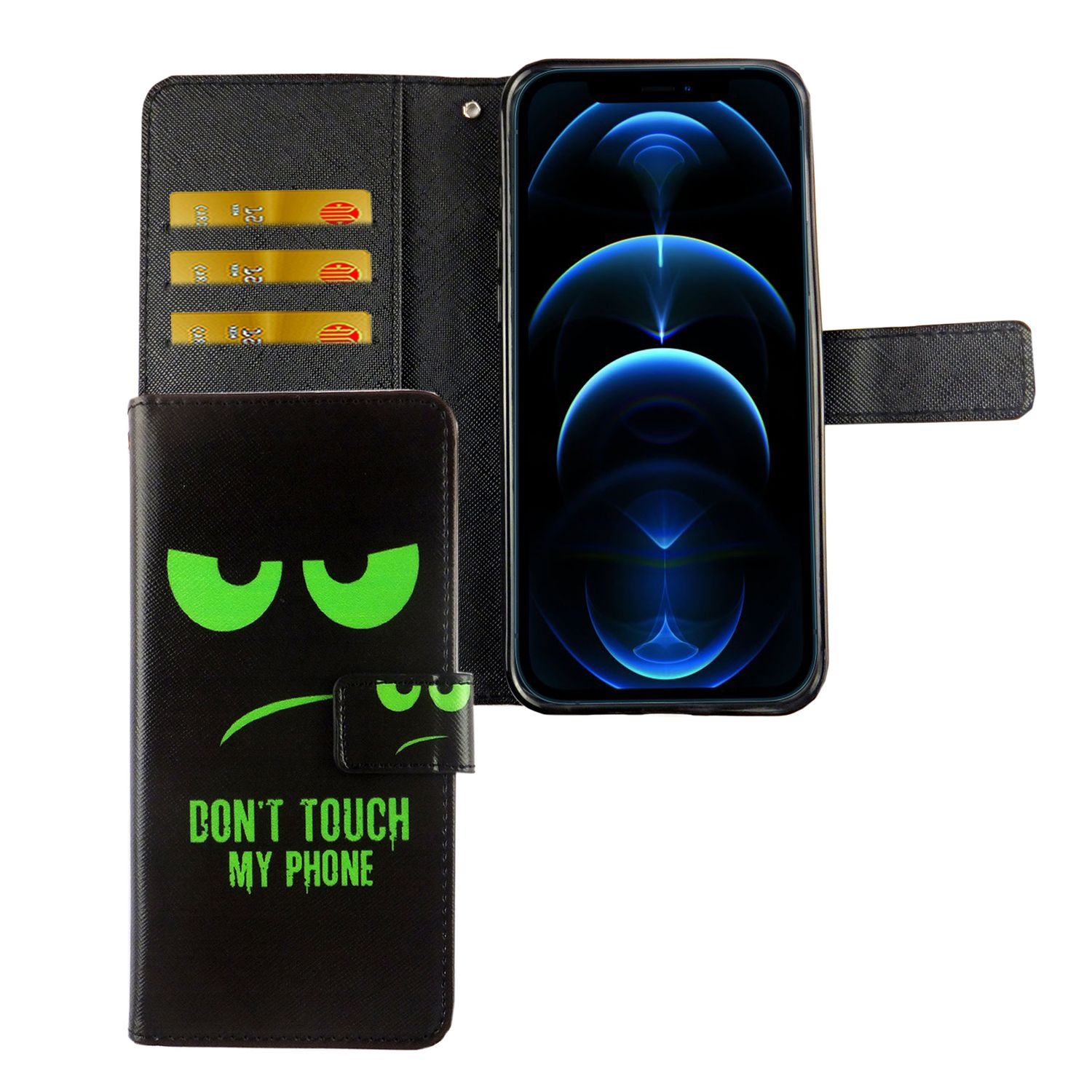 Schwarze Handyhülle mit grünen Augen und Text: 'DON'T TOUCH MY PHONE'. Telefon innen.