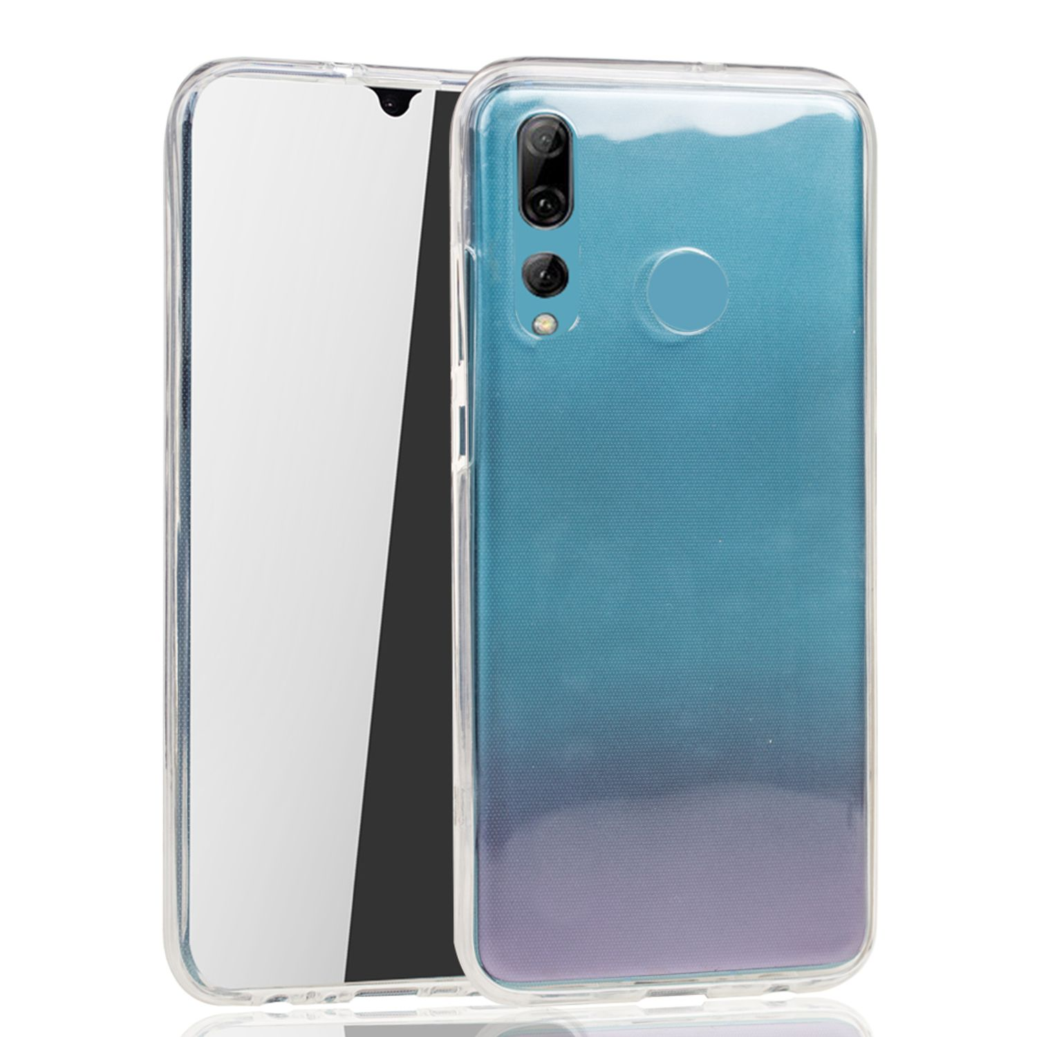 Telefon und transparente Handyhülle. Telefon hat blau-violette Rückseite. Weißer Hintergrund.