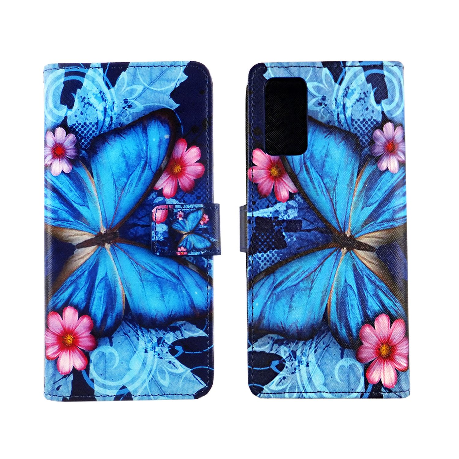 Blaue Schmetterlings-Handyhülle mit rosa Blumen auf weißem Hintergrund.