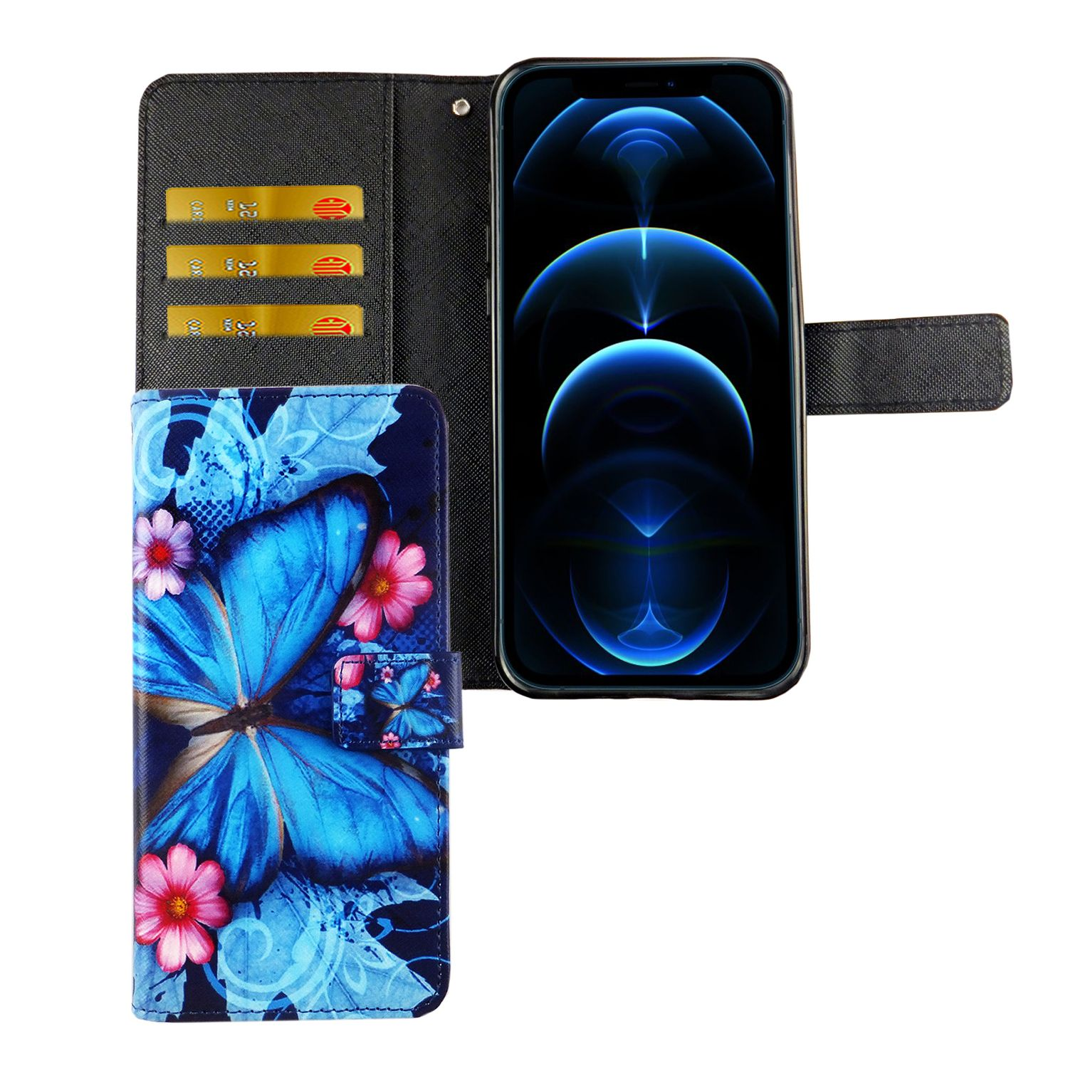Eine Handyhülle mit blauem Schmetterlingsdesign und Kartenfächern, sowie ein Telefon mit blauem Bildschirm.