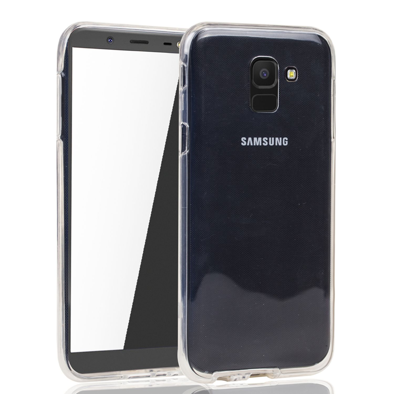 Ein schwarzes Samsung-Telefon mit einer transparenten Hülle. Das Telefon steht vor einem weißen Hintergrund.