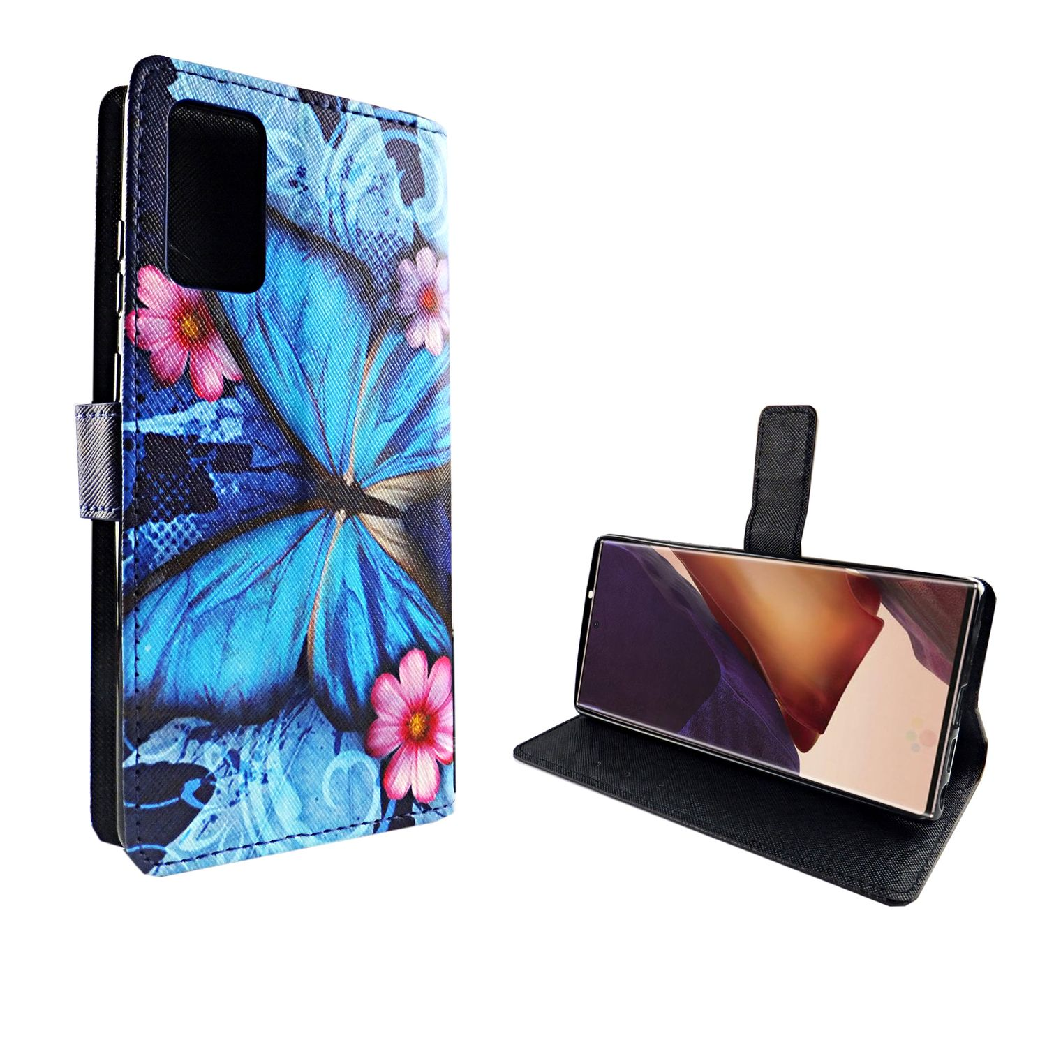 Handyhülle mit blauem Schmetterlingsdesign. Sie ist offen, das Telefon ist sichtbar. Das Telefon ist zu sehen.