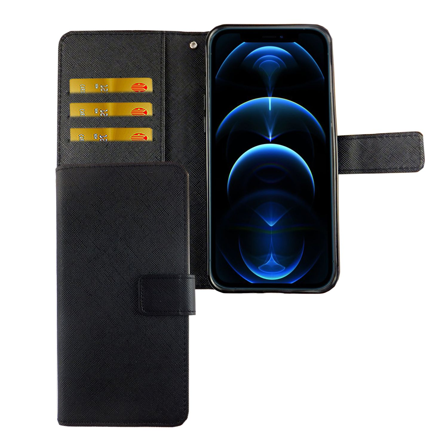 Geöffnete schwarze Handyhülle mit Telefon und Kartenfächern. Telefon hat blauen Bildschirm.