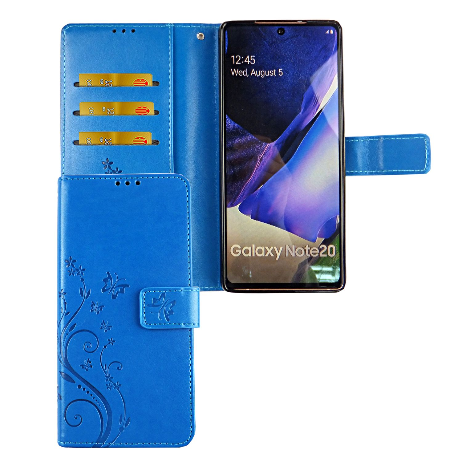 Blaues Handy-Case offen, mit Telefon darin. Das Case hat Kartenfächer und ein Blumenmuster.