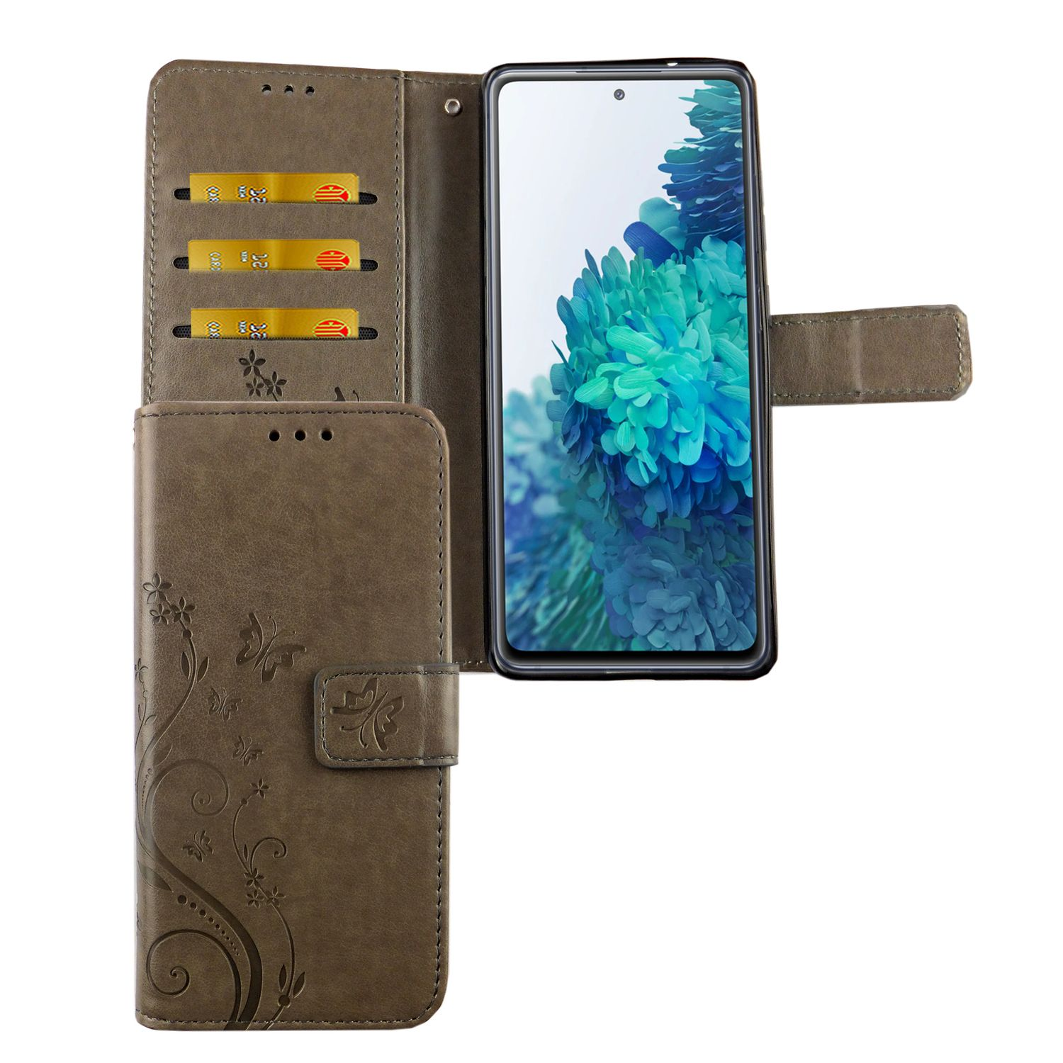 Braune Handyhülle mit geöffneter Abdeckung, die ein Telefon mit grünem Bildschirm zeigt.