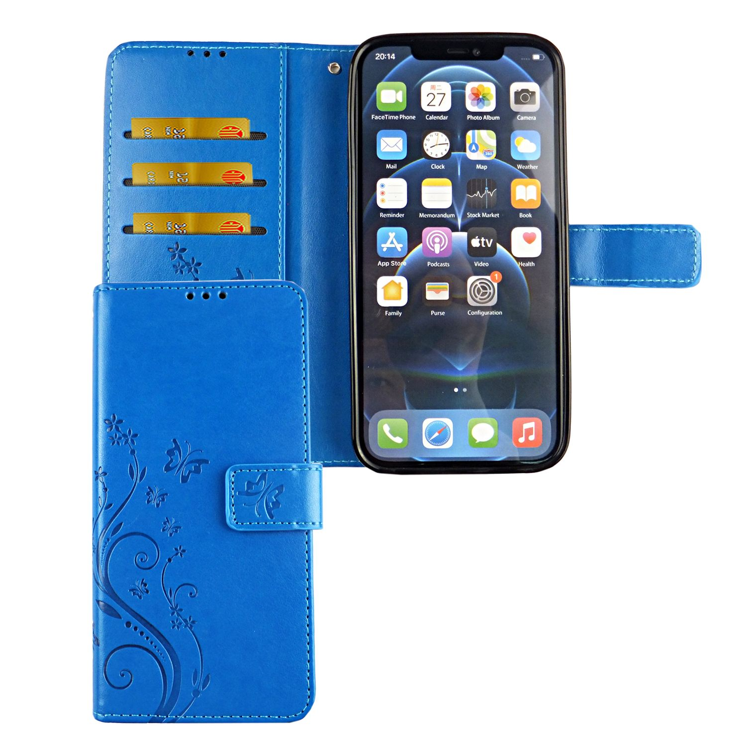 Eine blaue Handyhülle mit einem Telefon darin. Die Hülle zeigt ein Blumendesign und einen Kartensteckplatz.