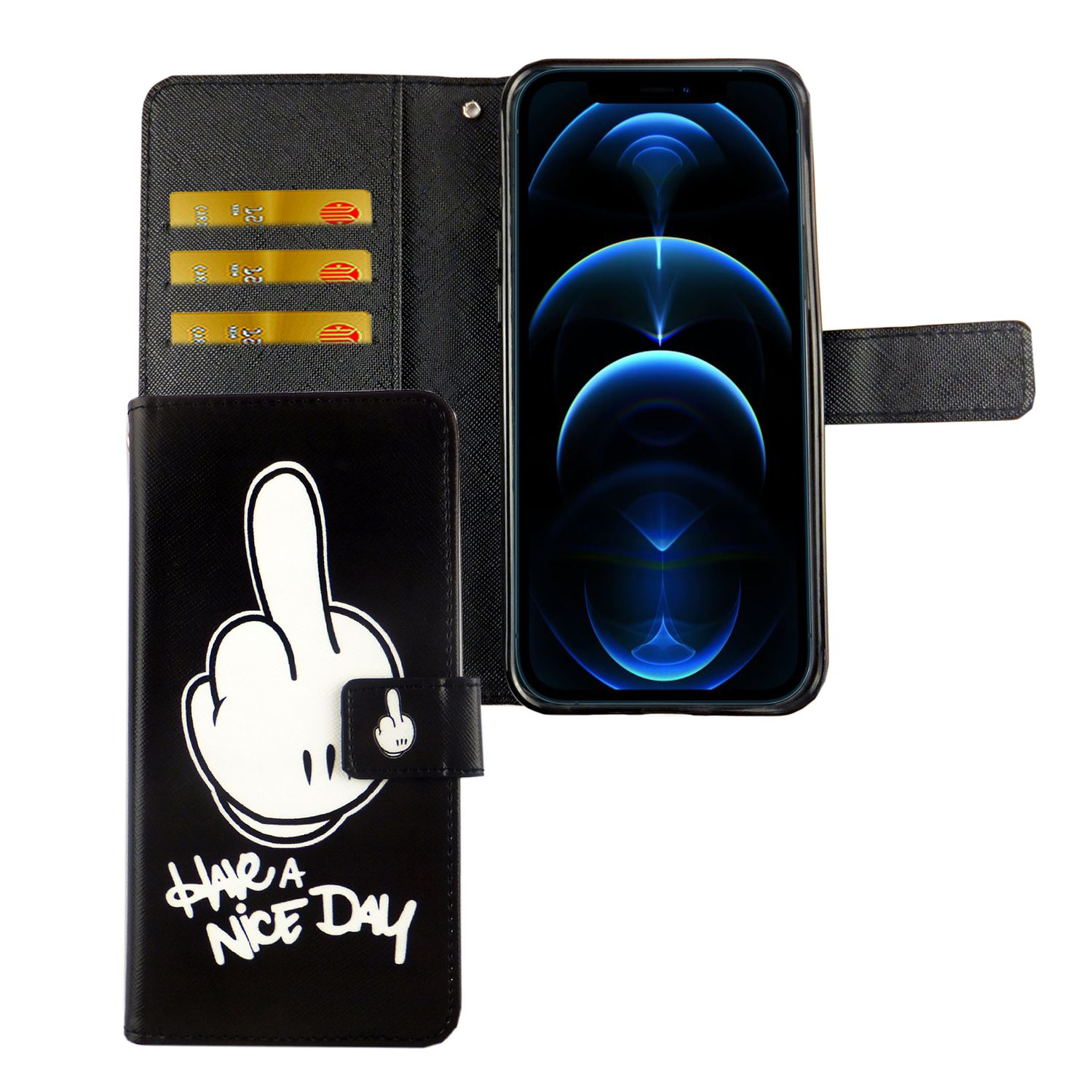 Schwarze Handyhülle mit weißer Hand, die Mittelfinger zeigt. Ein Telefon befindet sich im Etui.