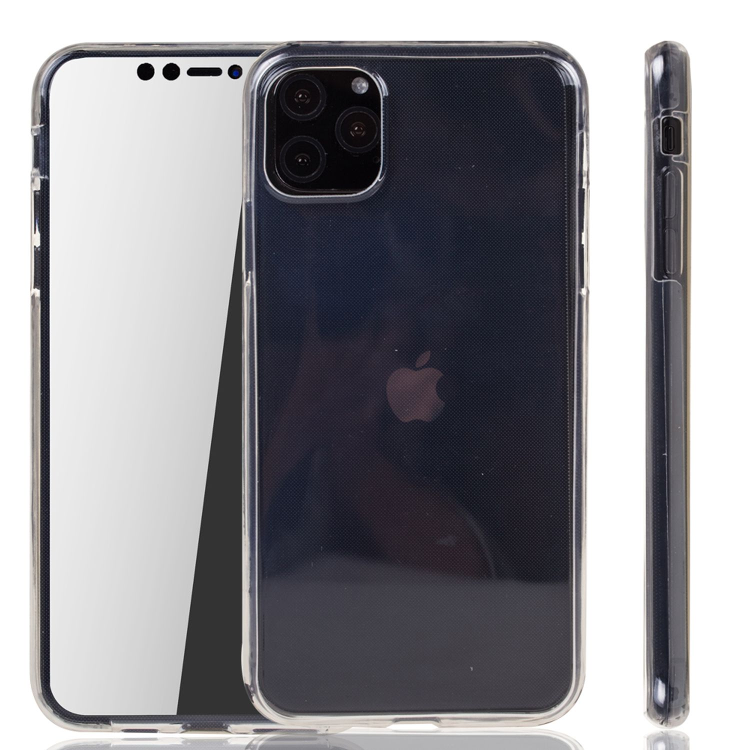 Telefon mit klarer Schutzhülle, drei Ansichten, mit Displayschutzfolie, weißer Hintergrund.