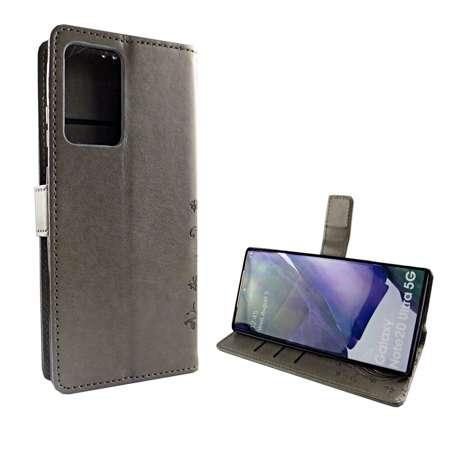 Graue Handyhülle mit Telefon darin. Gehäuse ist geöffnet, Telefonbildschirm sichtbar.