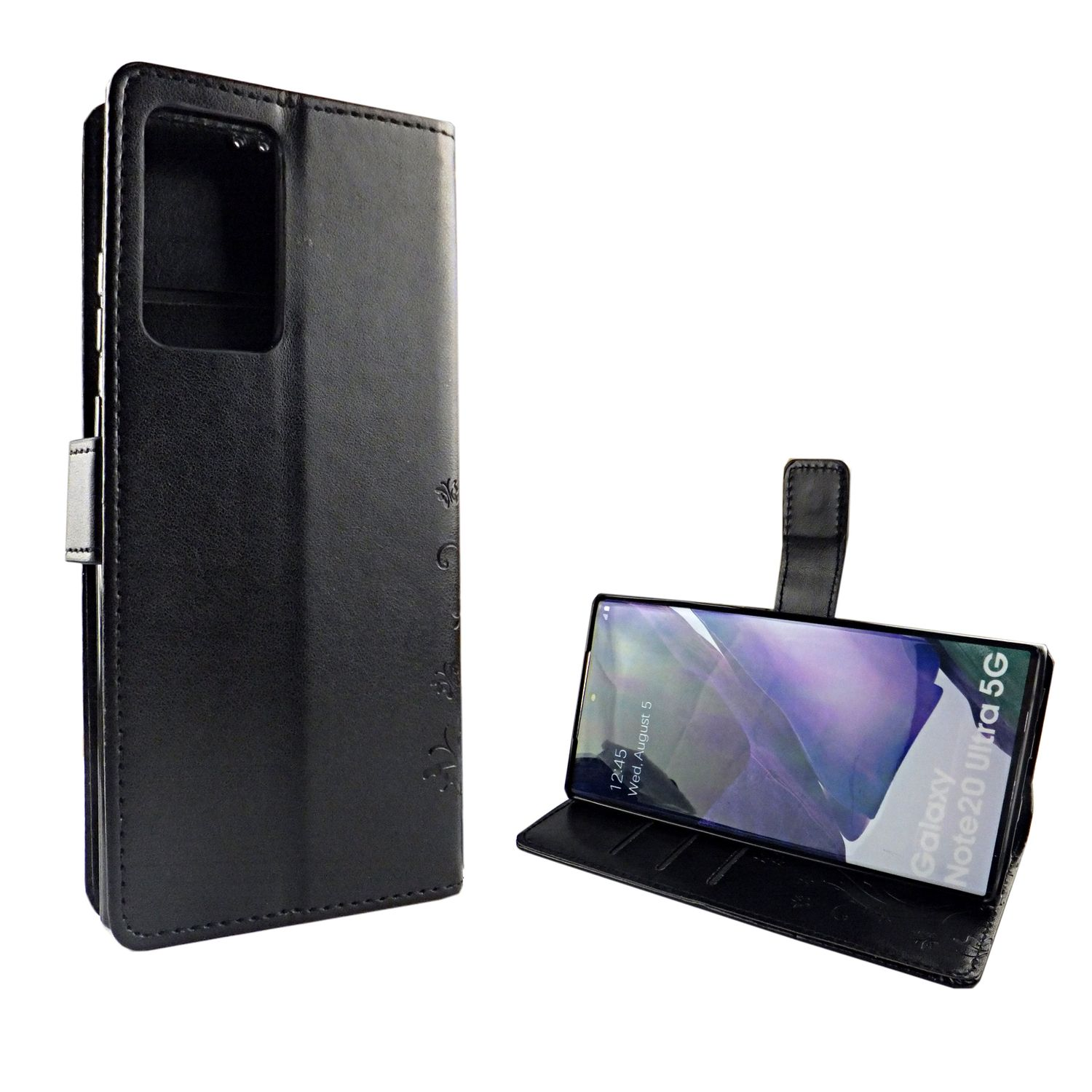 Schwarze Handyhülle, offen, mit einem Telefon darin. Das Telefon ist abgewinkelt und zeigt seinen Bildschirm.