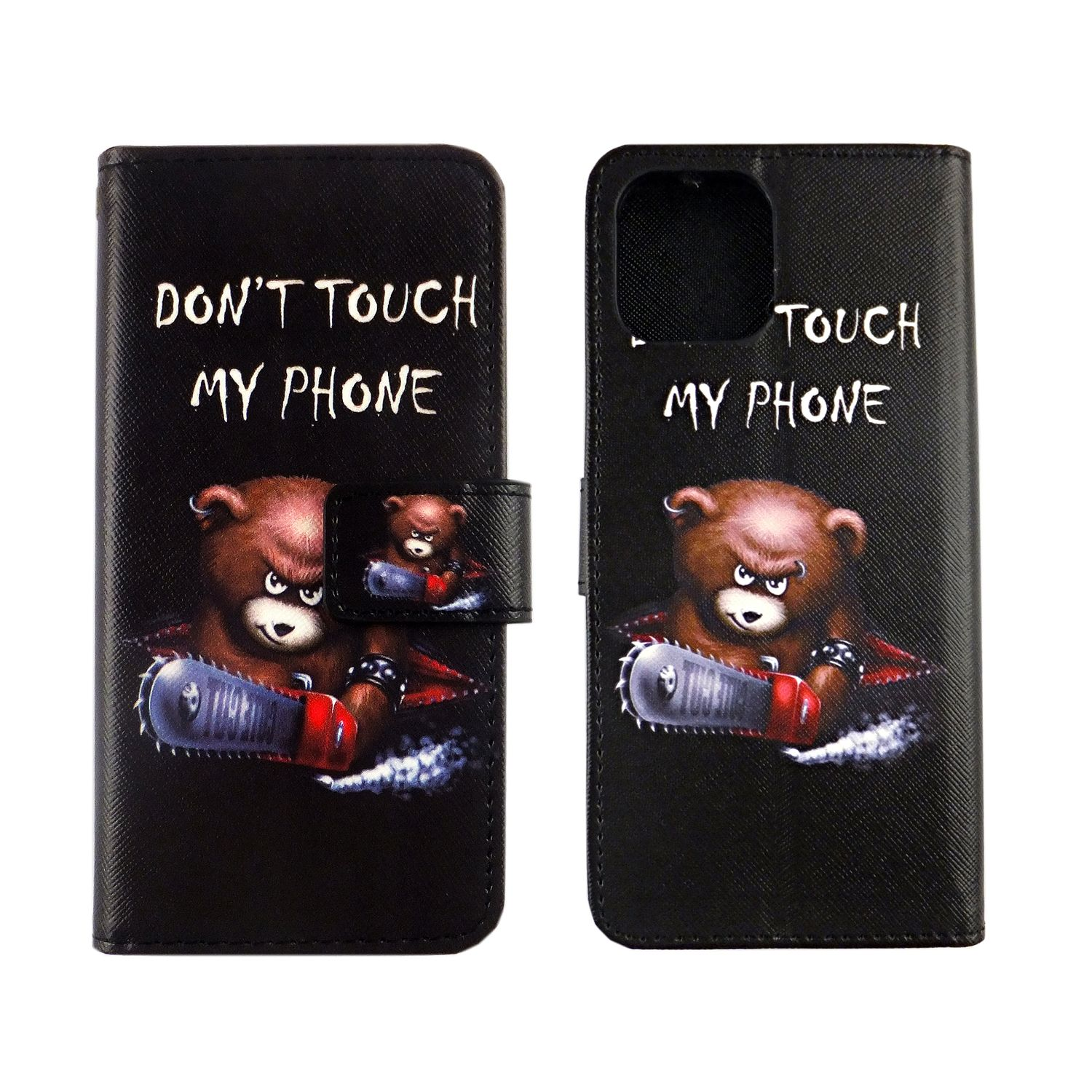 Eine schwarze Handyhülle mit einem Bären, der eine Kettensäge hält. Text: "DON'T TOUCH MY PHONE".