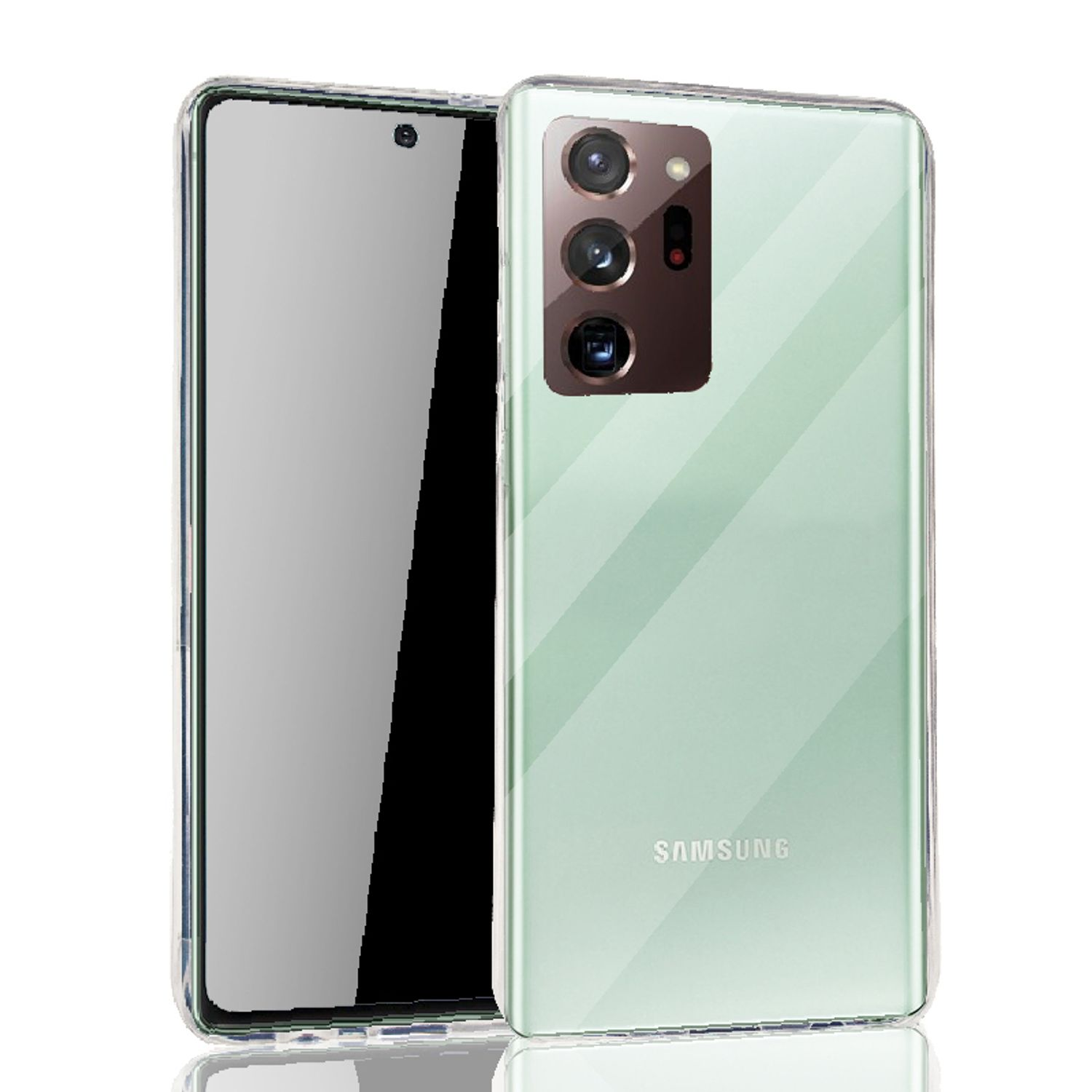 Zwei Telefone mit einer transparenten Hülle, eines hat eine grüne Rückseite und eine Kamera. Weißer Hintergrund.