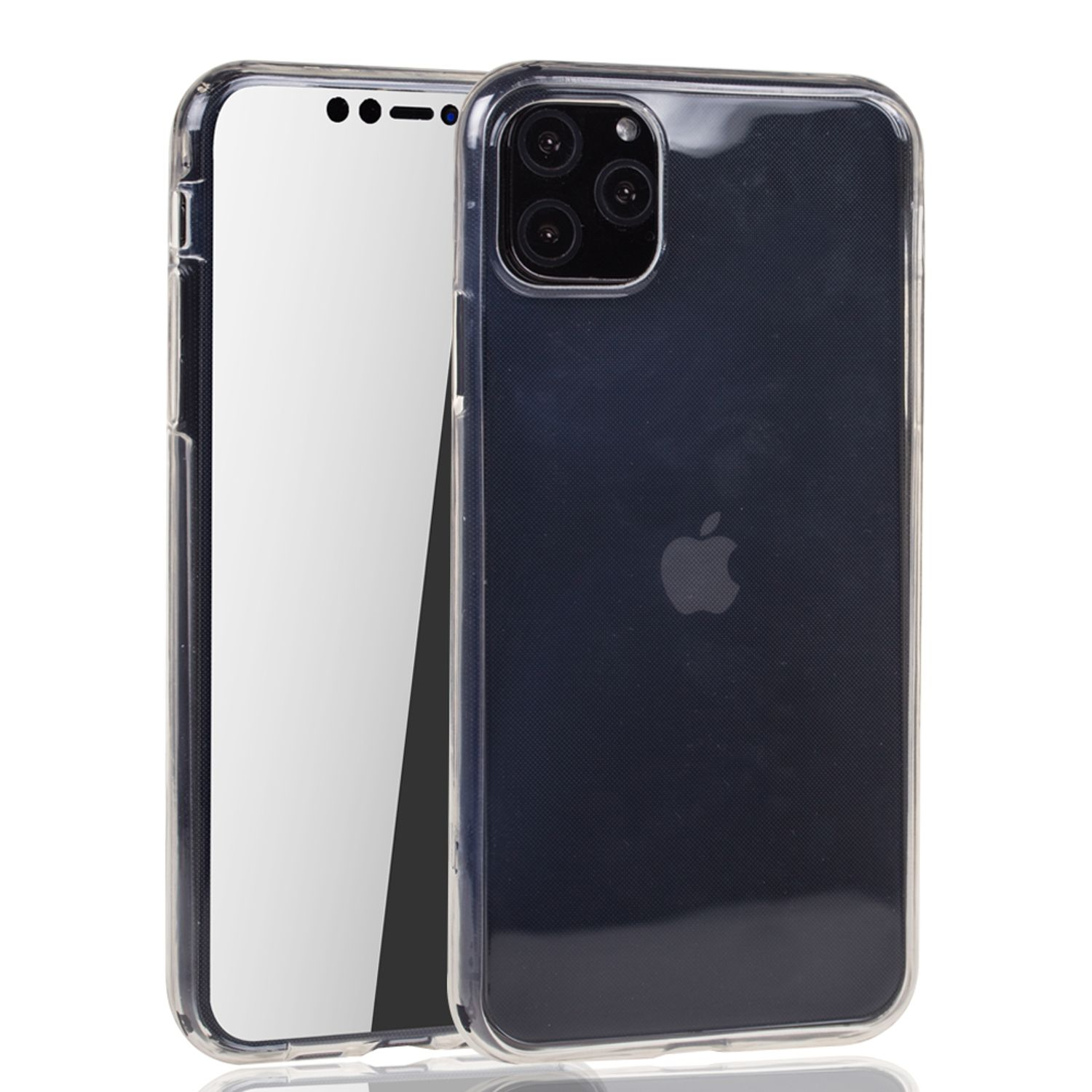 Transparente Handyhülle mit Telefon, Nahaufnahme, weißer Hintergrund.