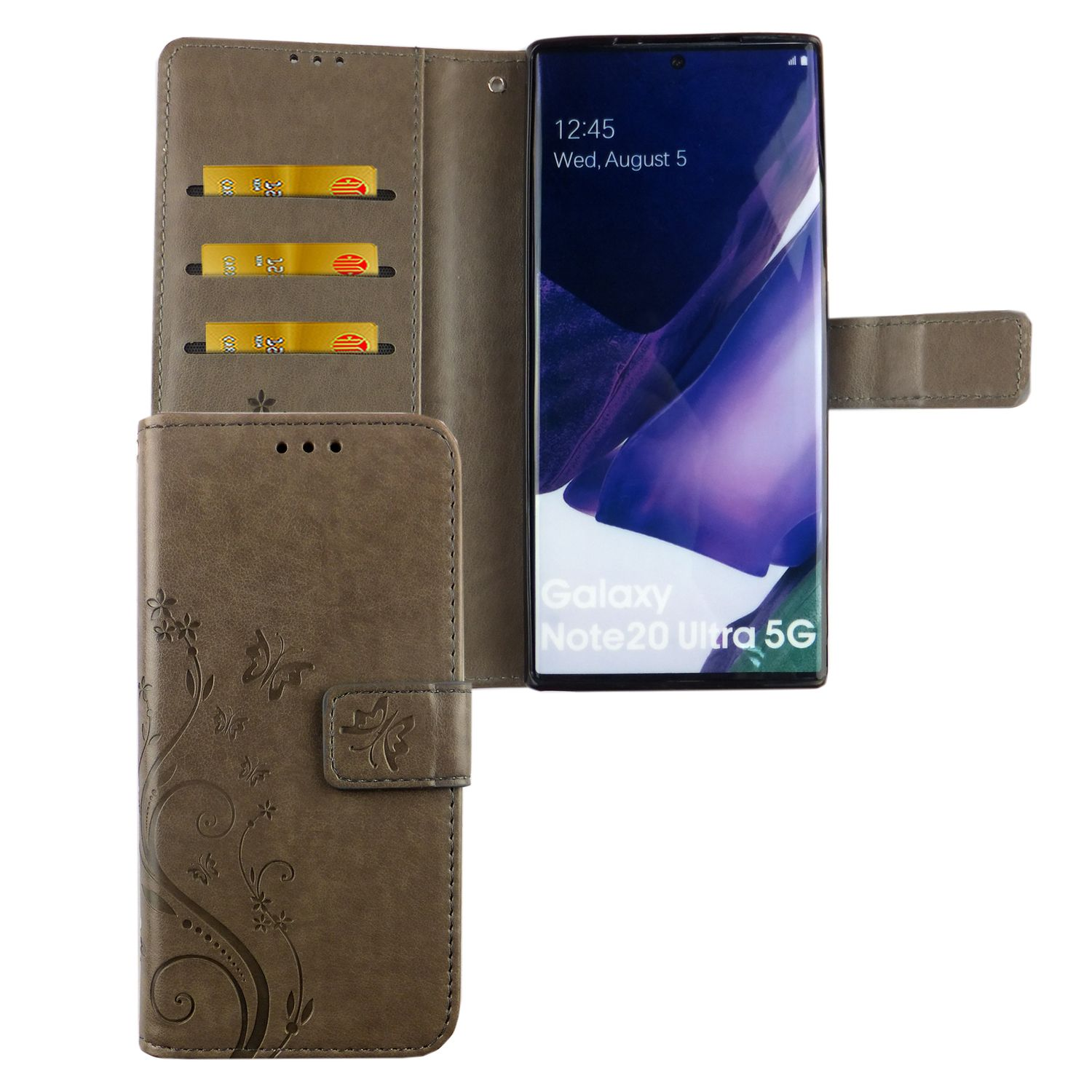 Braune Handyhülle mit Telefon im Inneren. Hat Kartenfächer. Weißer Hintergrund.
