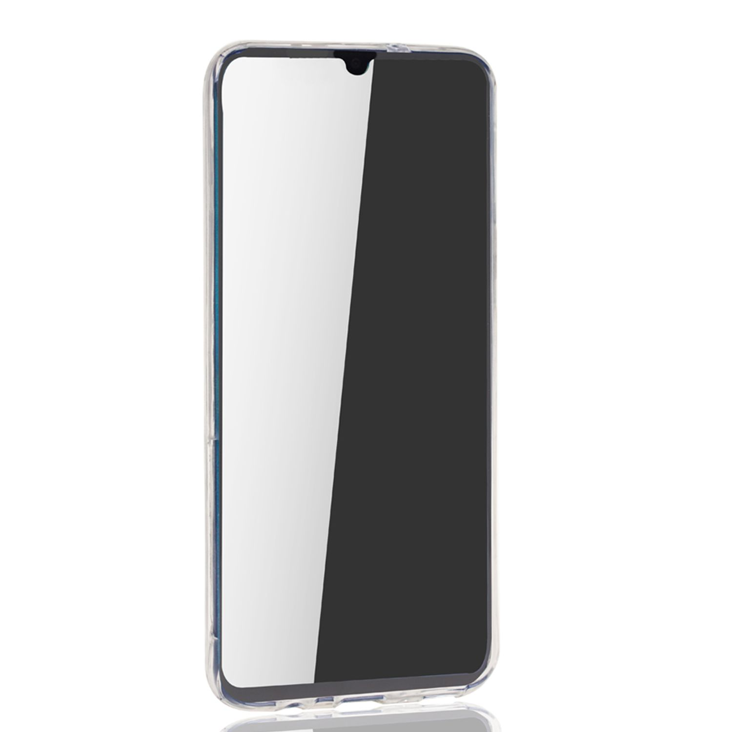 Ein Telefon in einer durchsichtigen Hülle mit einem reflektierenden Bildschirm.
