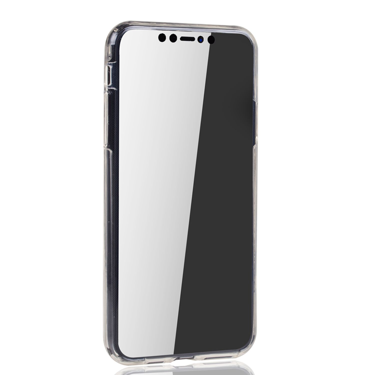 Transparente Handyhülle, zeigt ein Handy mit Bildschirm und Kameraausschnitten.