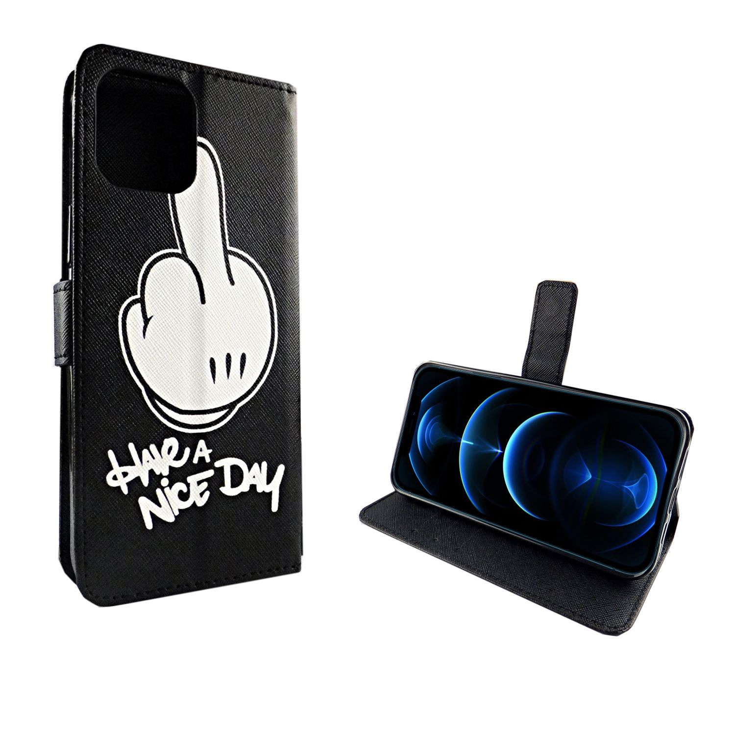 Handyhülle mit Cartoon-Mittelfinger. Telefon im Inneren.