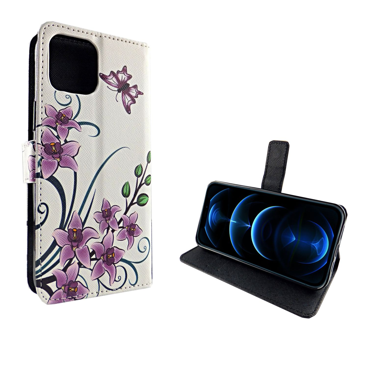 Handyhülle mit Blumen und ein Telefon auf einem Ständer. Das Telefon ist schwarz mit blauem Bildschirm.