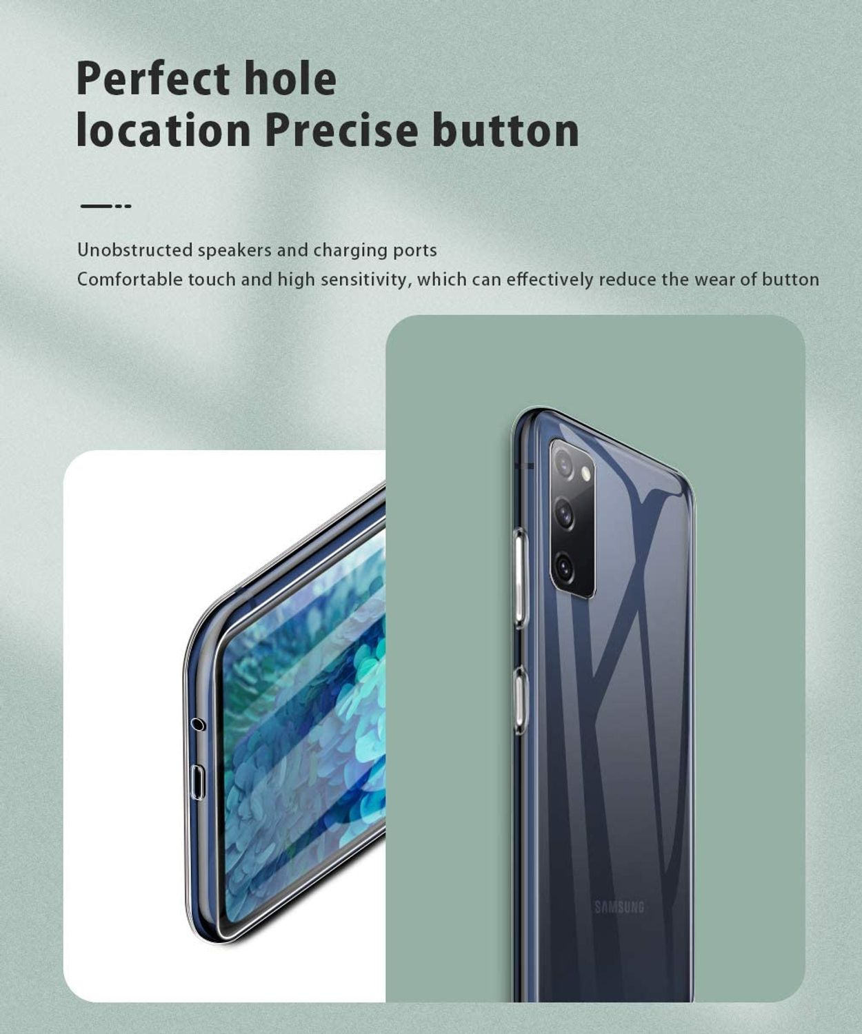 Eine transparente Handyhülle auf grünem Hintergrund, die ein Telefon und detaillierten Text zeigt.