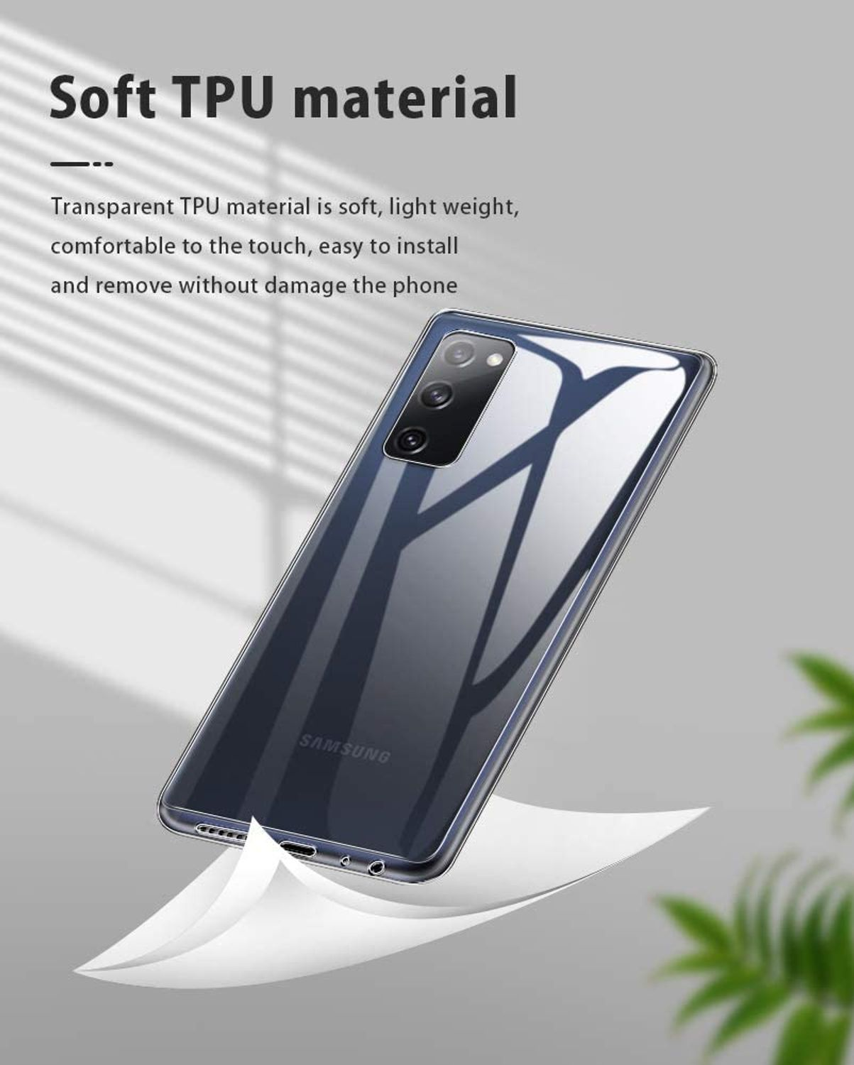 Eine transparente Handyhülle auf einem Samsung-Telefon. Die Hülle ist weich.