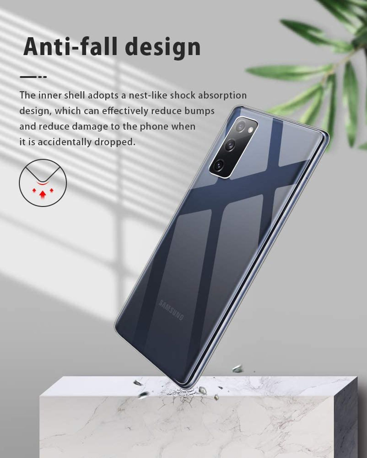 Ein Telefon mit klarer Hülle auf weißer Oberfläche, mit Text über Anti-Fall-Design.