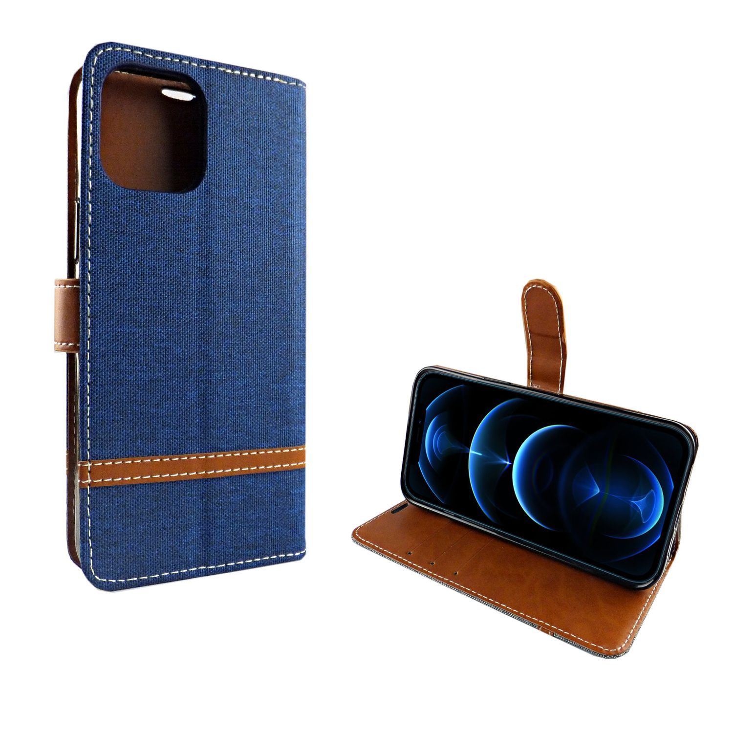 Blaue Handyhülle mit Handy. Eine offen, eine geschlossen. Weißer Hintergrund.