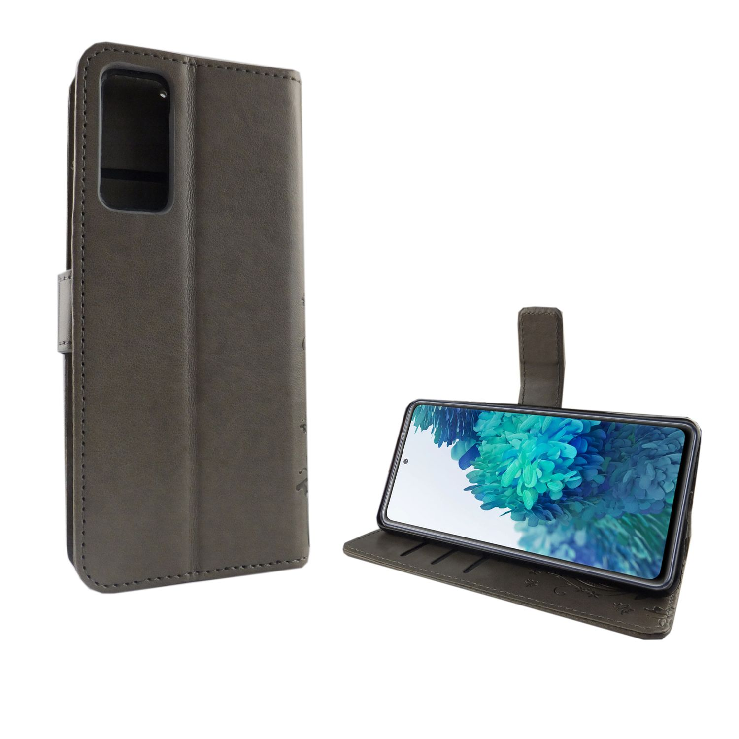 Handyhülle in Grau mit Telefon innen und offen. Das Telefon ist sichtbar und hat einen Bildschirm.