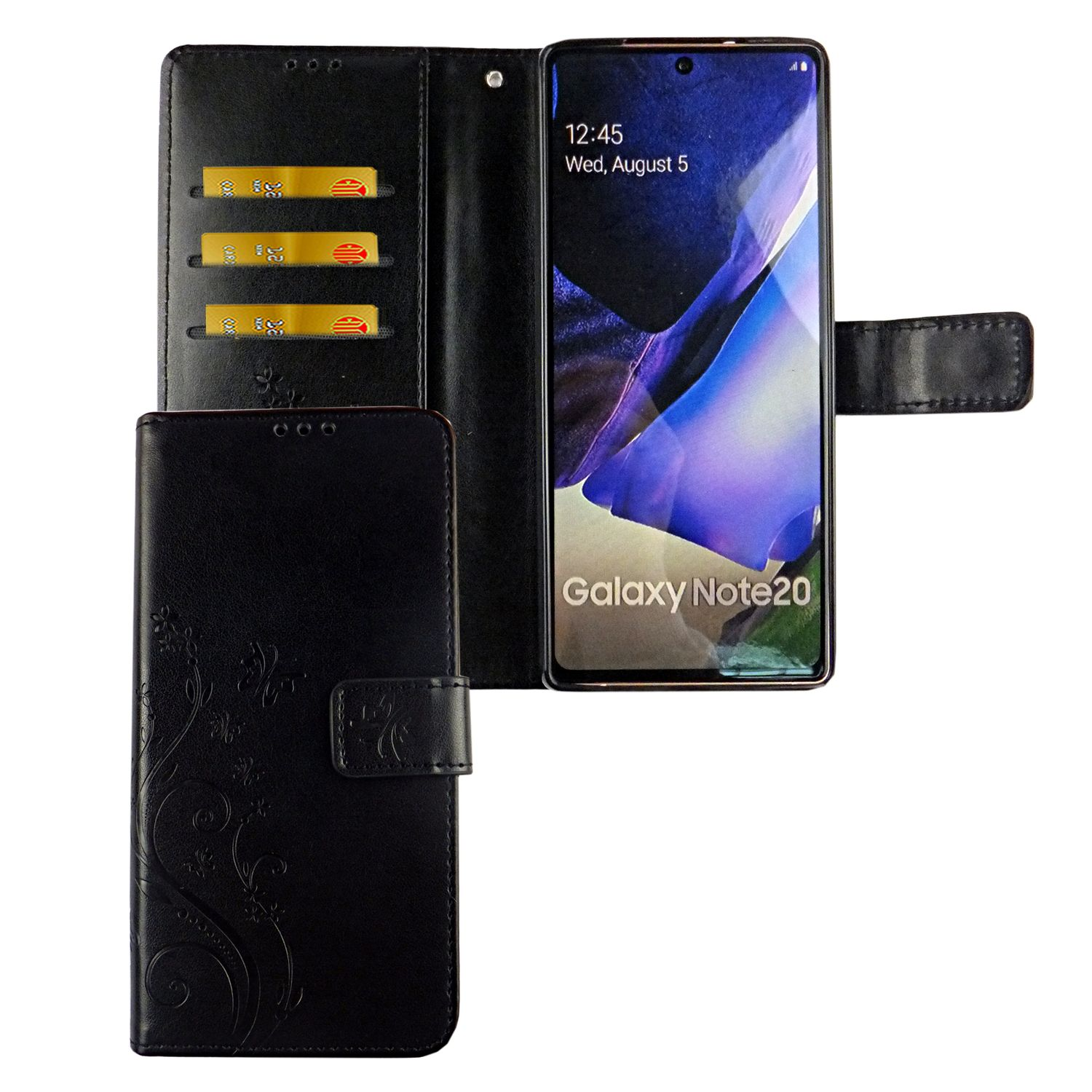 Schwarze Handyhülle, offen, mit Telefon und Kreditkartenfächern.