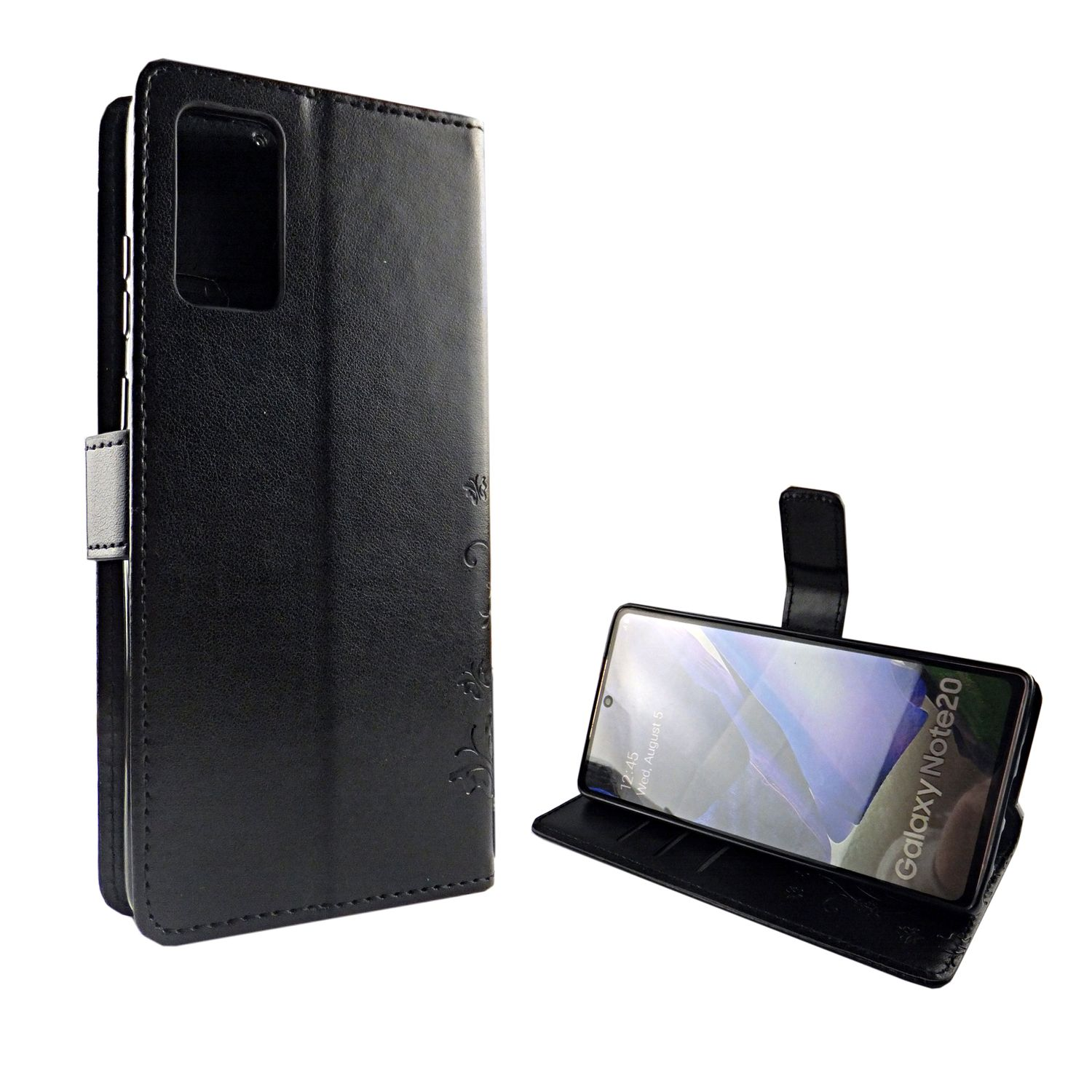Schwarze Leder-Handyhülle, geöffnet mit Telefon darin. Weißer Hintergrund.