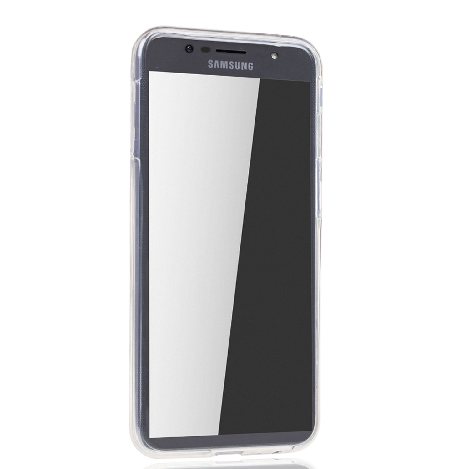 Transparente Handyhülle mit Telefon darin. Vor weißem Hintergrund.