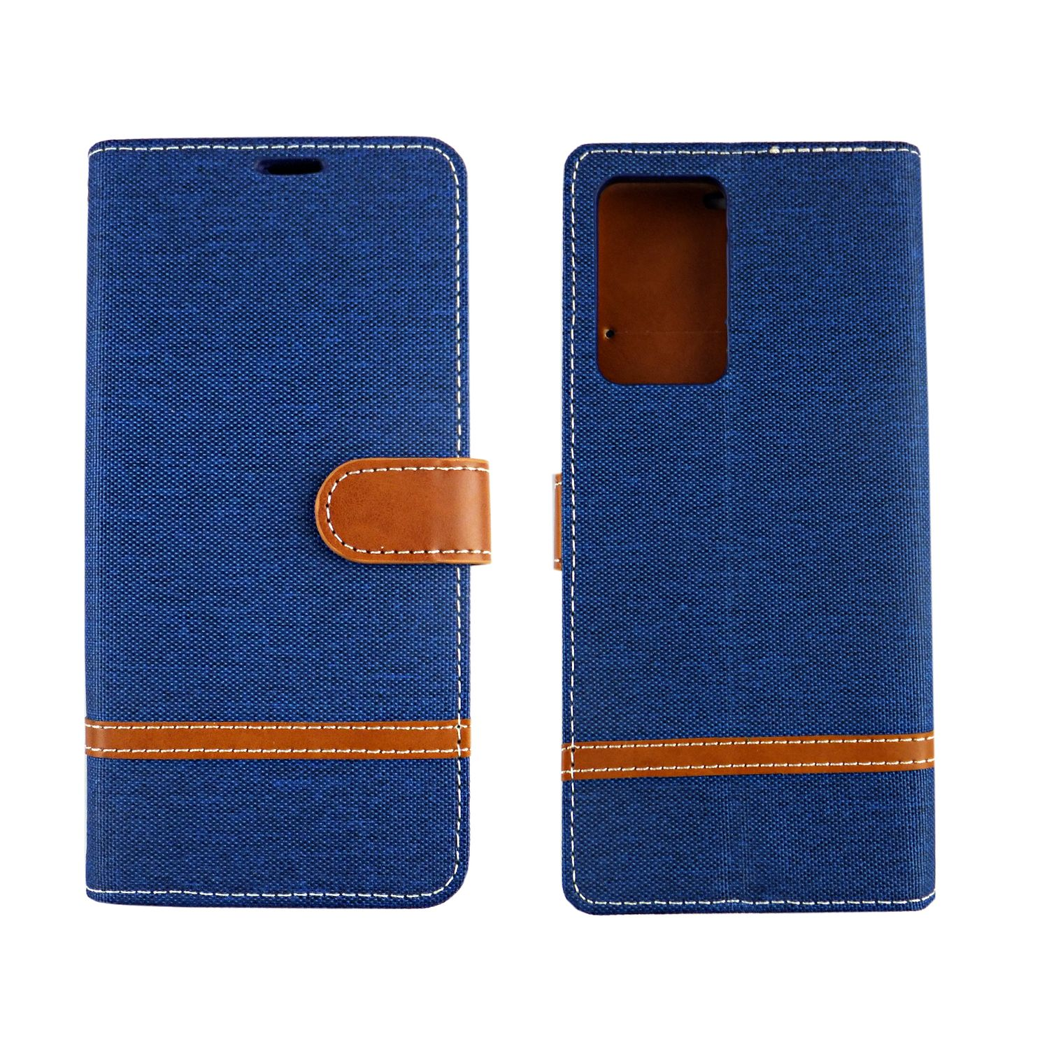 Blaue Handyhülle mit braunen Akzenten und Nähten. Die Hülle ist offen und zeigt den Halter.