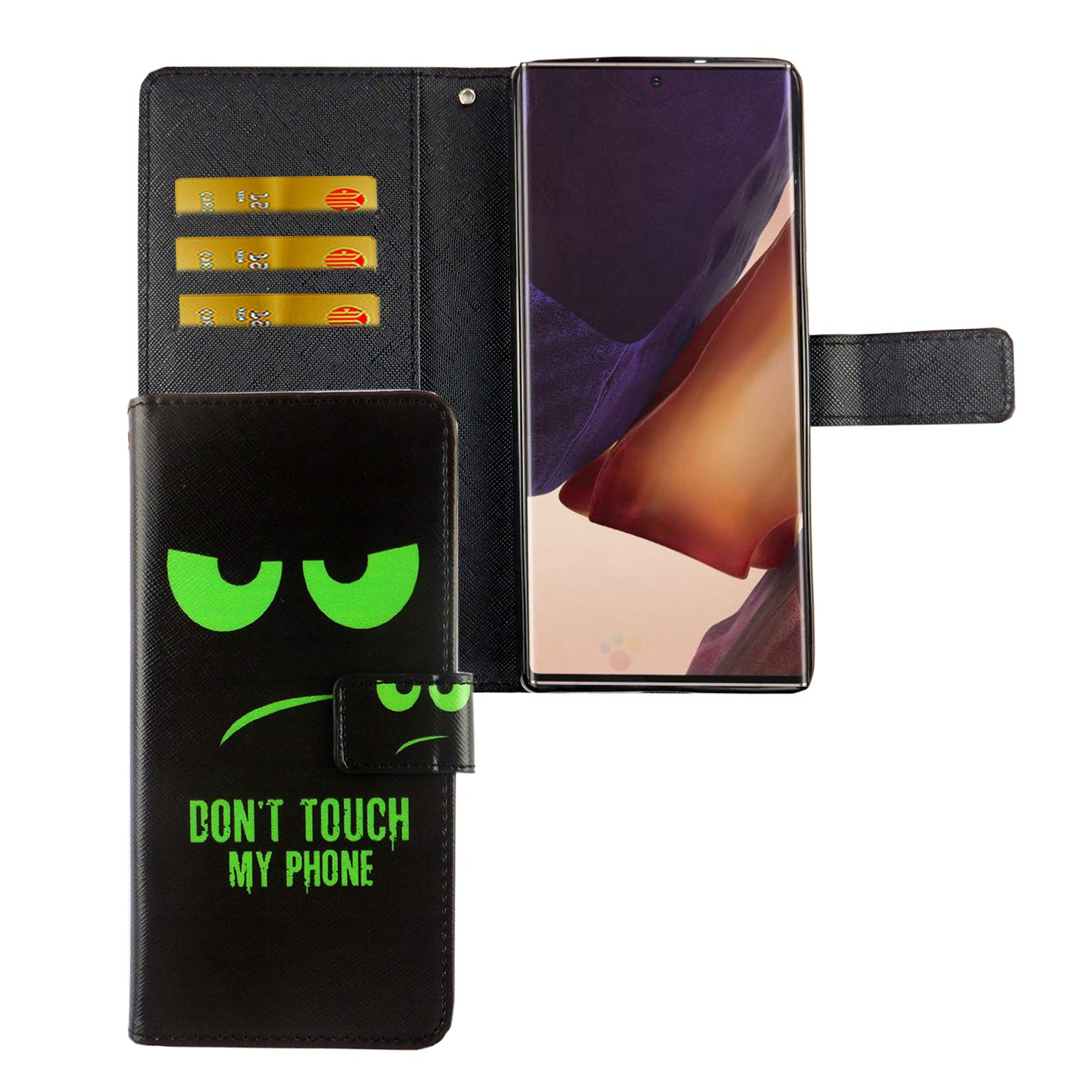 Schwarze Handyhülle mit grünen Cartoonaugen und Text: Don't Touch My Phone. Telefon innen.