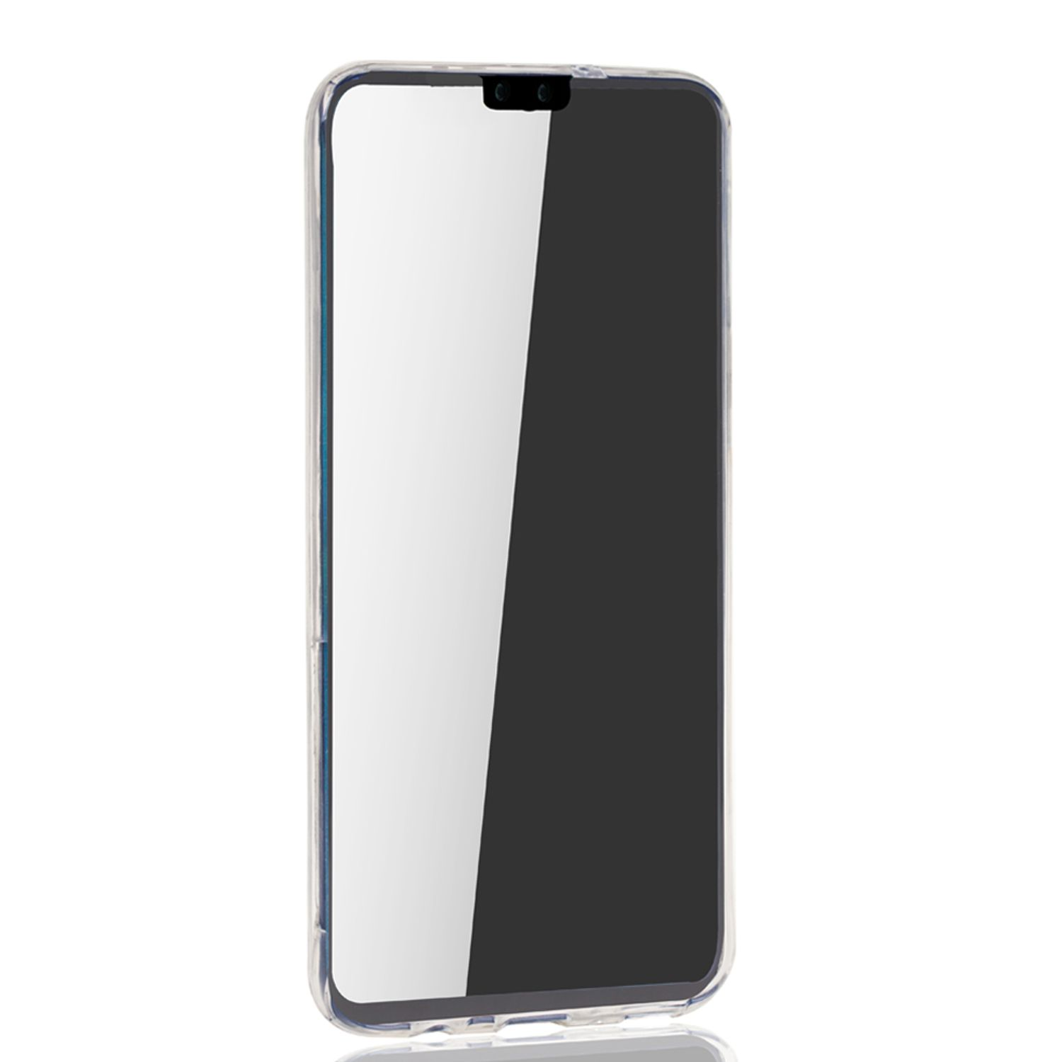 Ein klares Telefon mit Displayschutz auf weißem Hintergrund.