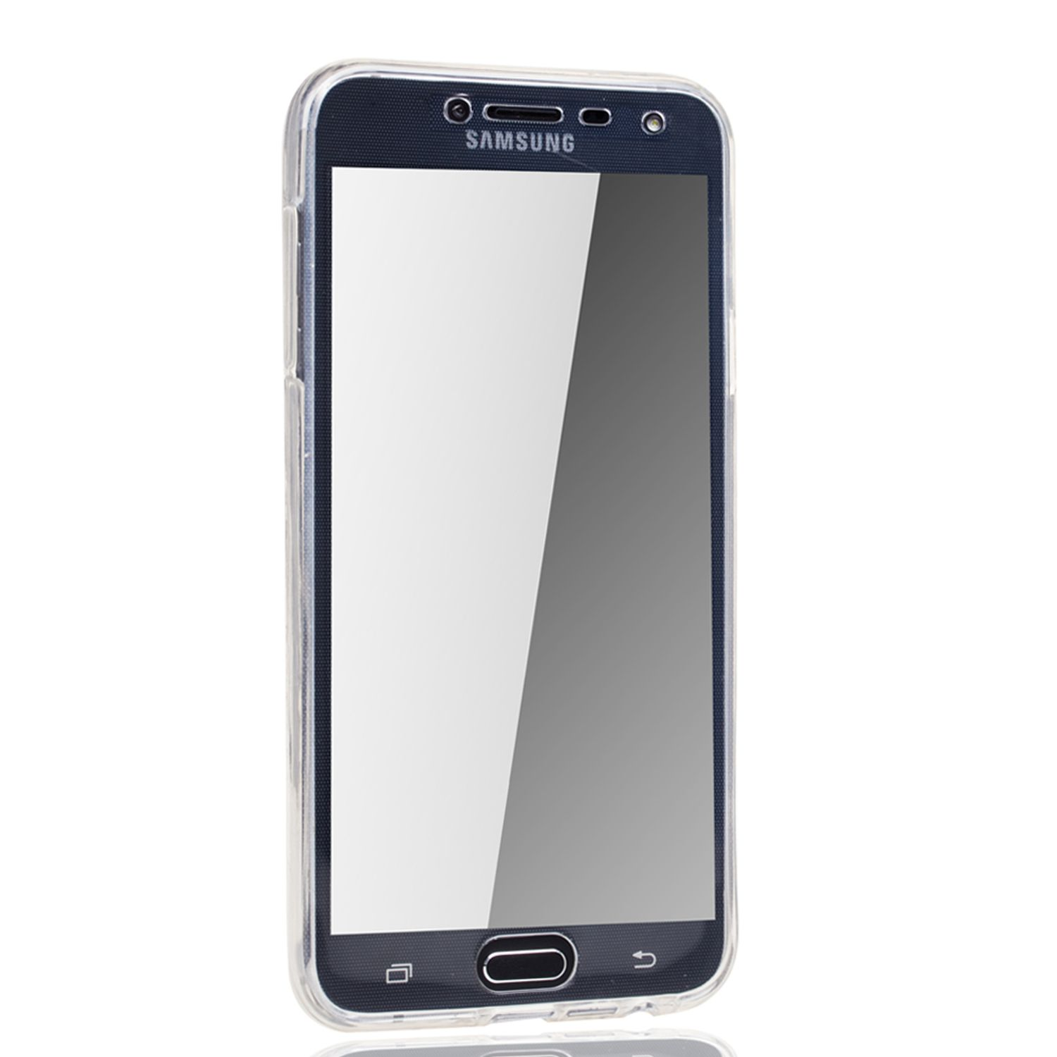 Ein schwarzes Samsung-Telefon in einer transparenten Schutzhülle, auf weißem Hintergrund.