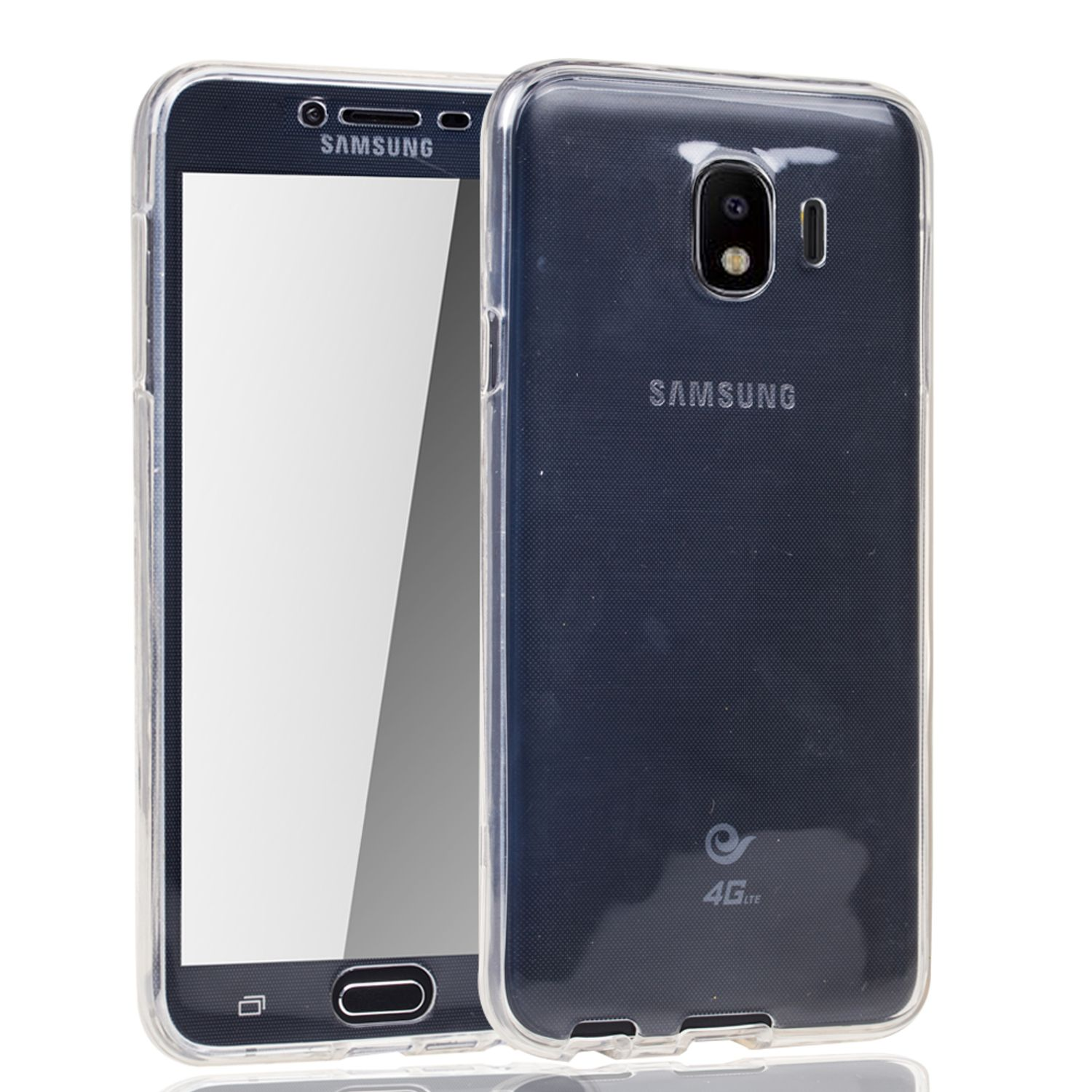Ein Samsung-Telefon mit einer transparenten Hülle. Das Telefon befindet sich auf einer weißen Oberfläche.
