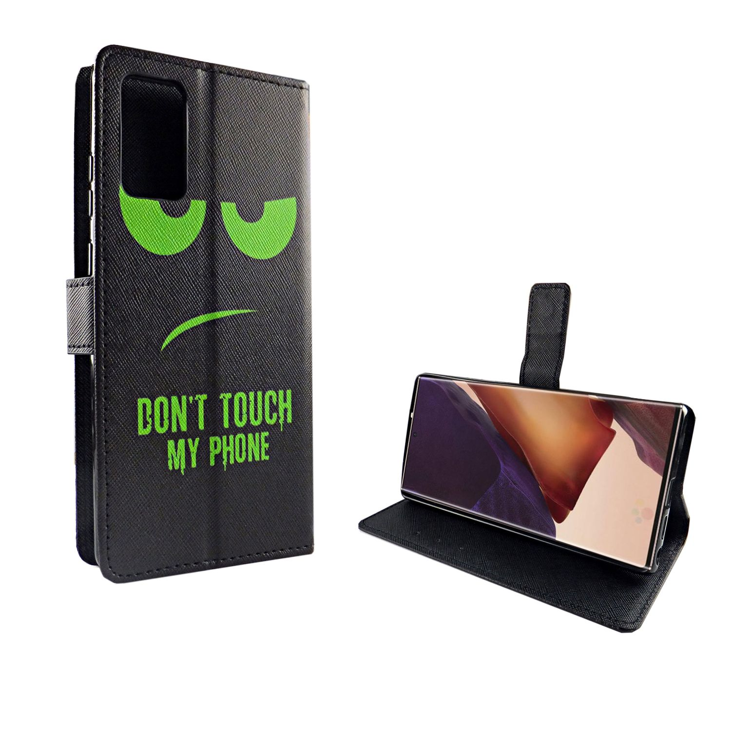 Schwarze Handyhülle mit grünen Augen und Text 'DON'T TOUCH MY PHONE' mit Telefon darin.