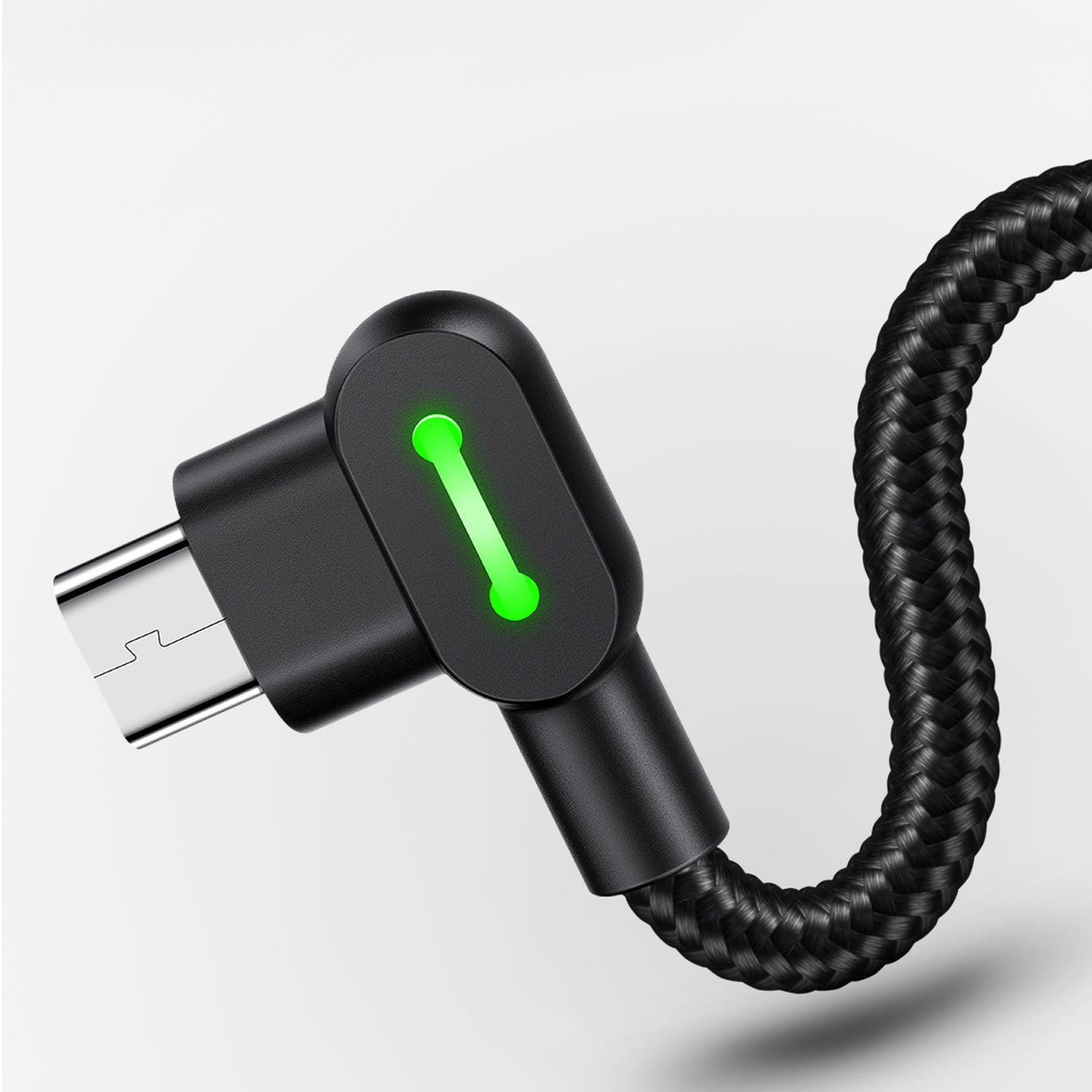 Ein schwarzes USB-C-Kabel mit einem grünen Licht am Ende.