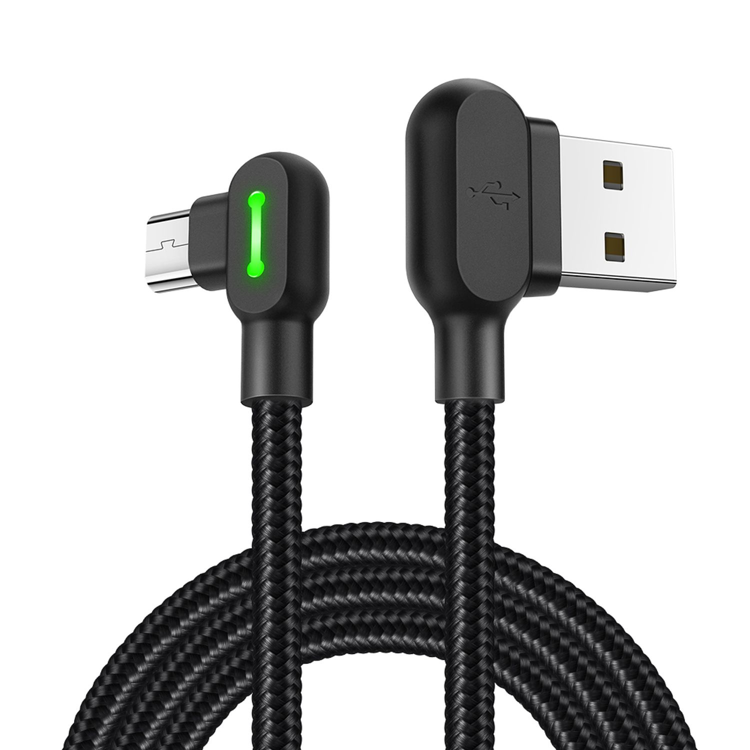 Schwarzes USB-zu-Micro-USB-Ladekabel, grüne Kontrollleuchte.