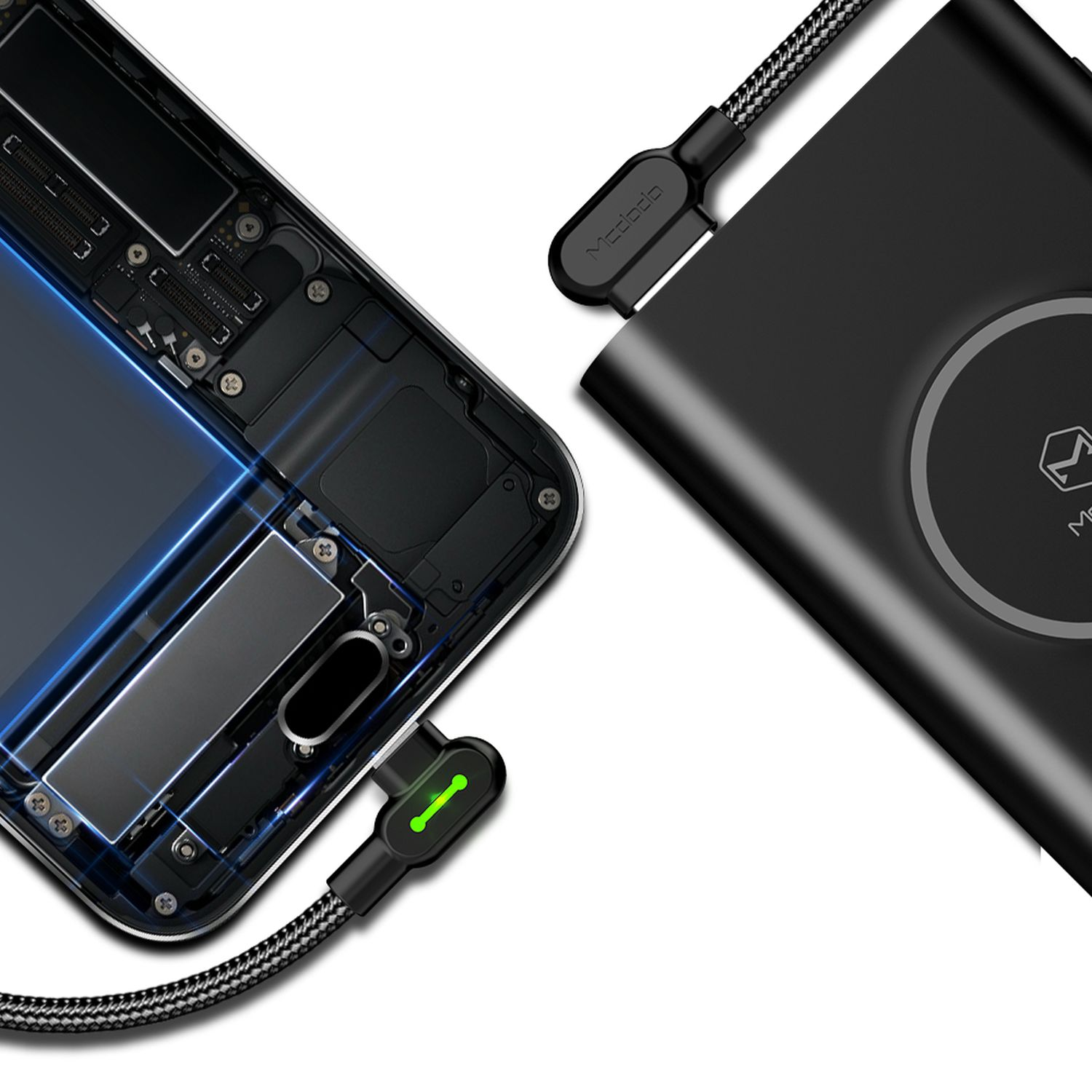Telefon wird mit schwarzem Ladekabel geladen. Telefon ist geöffnet. Grünes Licht leuchtet.