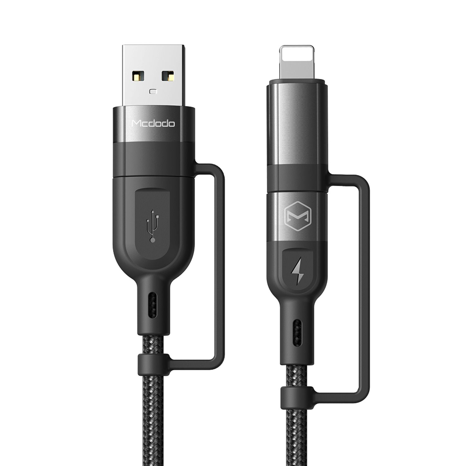 Siyah ve gri USB - Lightning kablosu. USB ucu logolu, Lightning ucu logolu.
